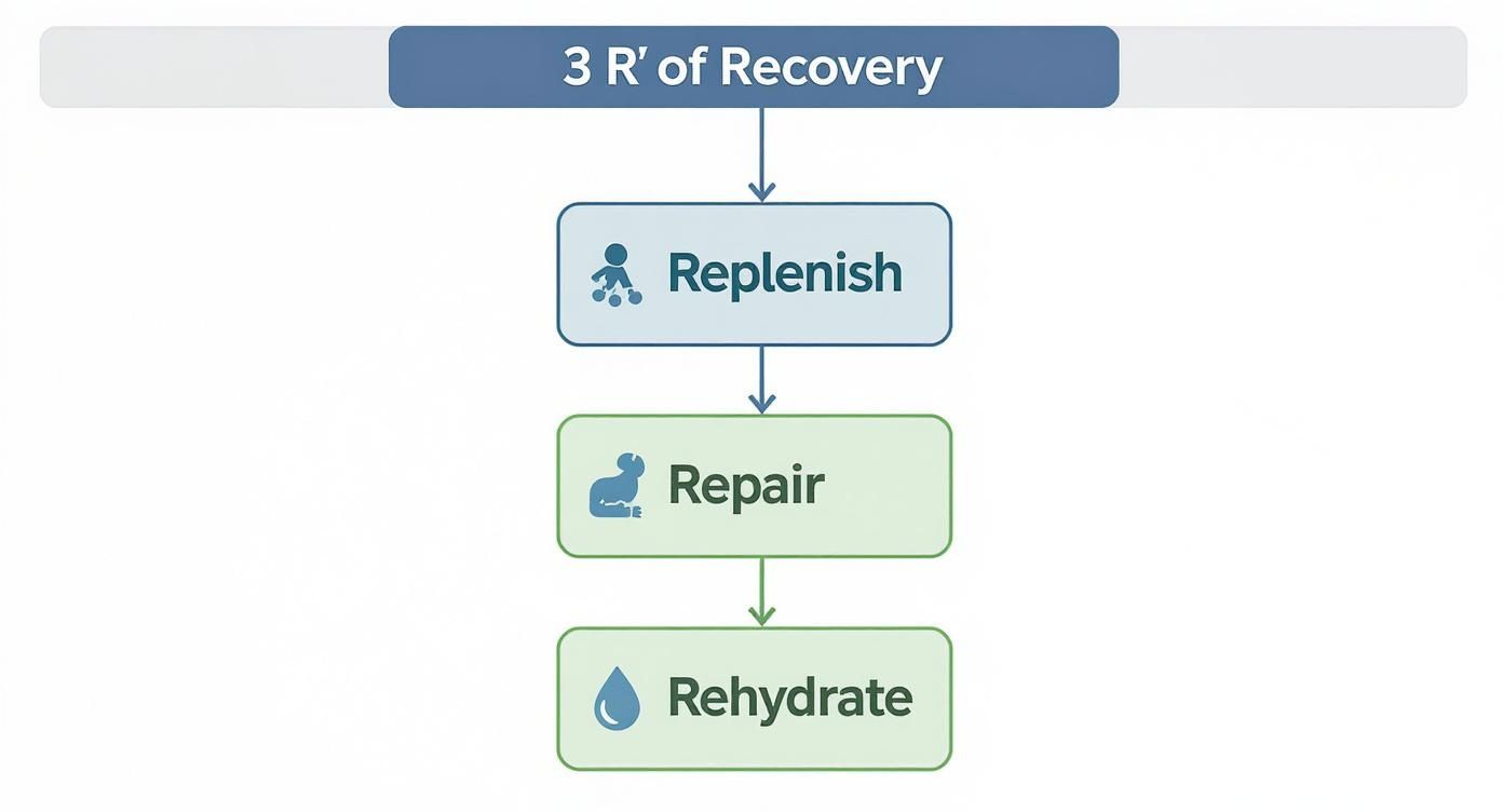 Flowchart illustrating the 3 R's of Recovery: Replenish, Repair, and Rehydrate, crucial steps after physical activity.