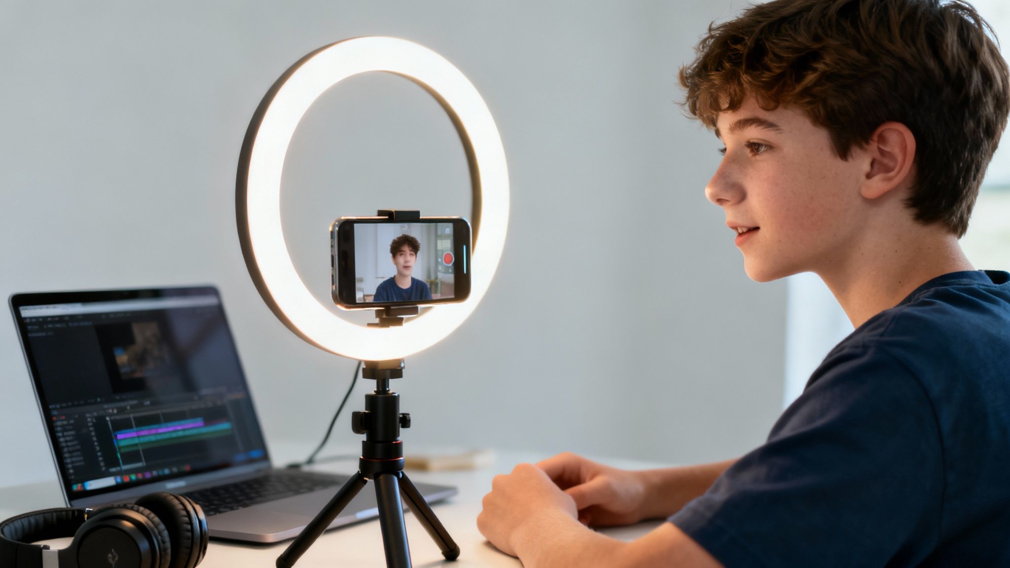Teenager recording a video with a smartphone on a ring light, laptop open for editing.