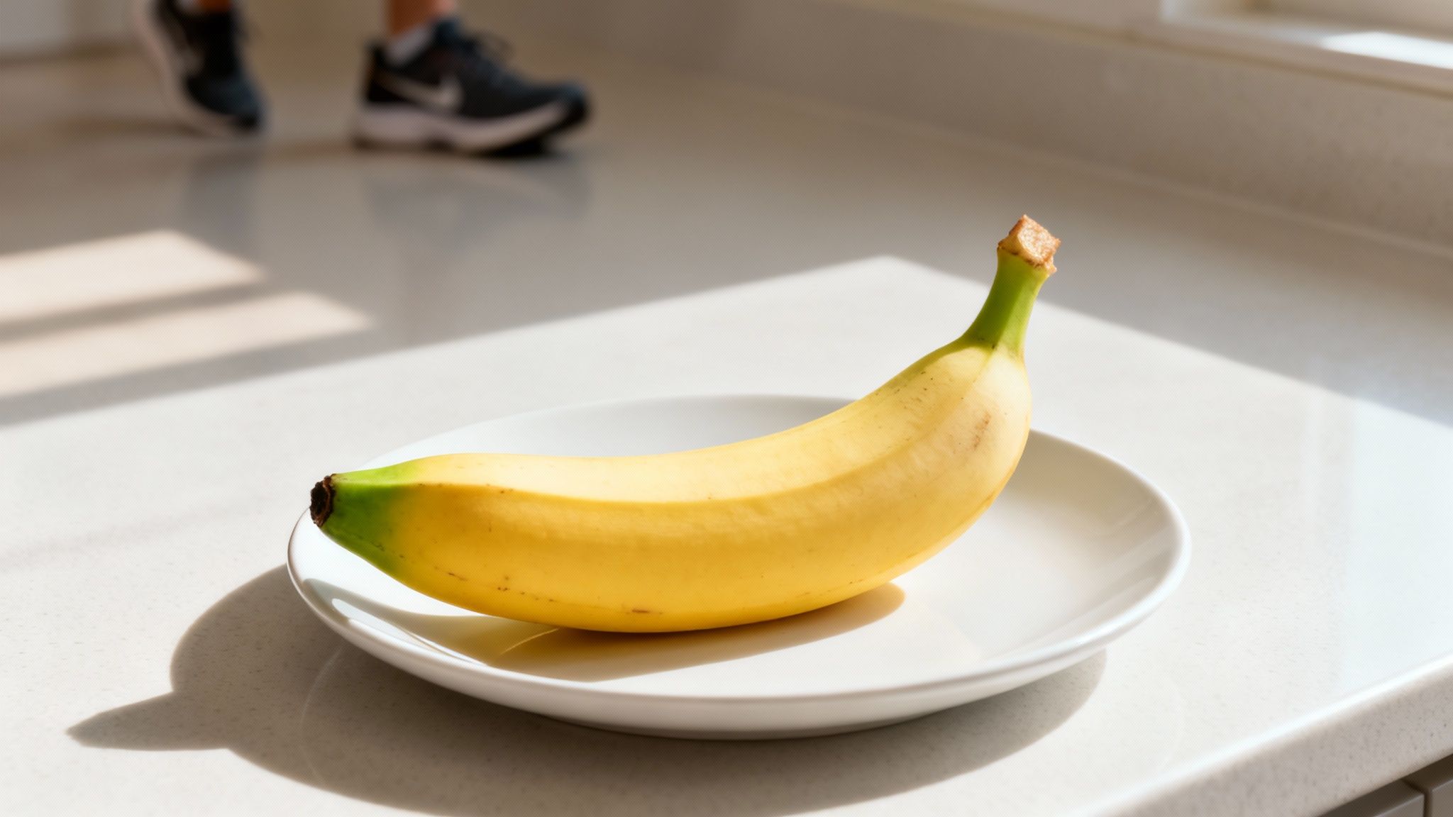 A ripe yellow banana rests on a white plate on a sunny countertop, with a blurred runner in the background.