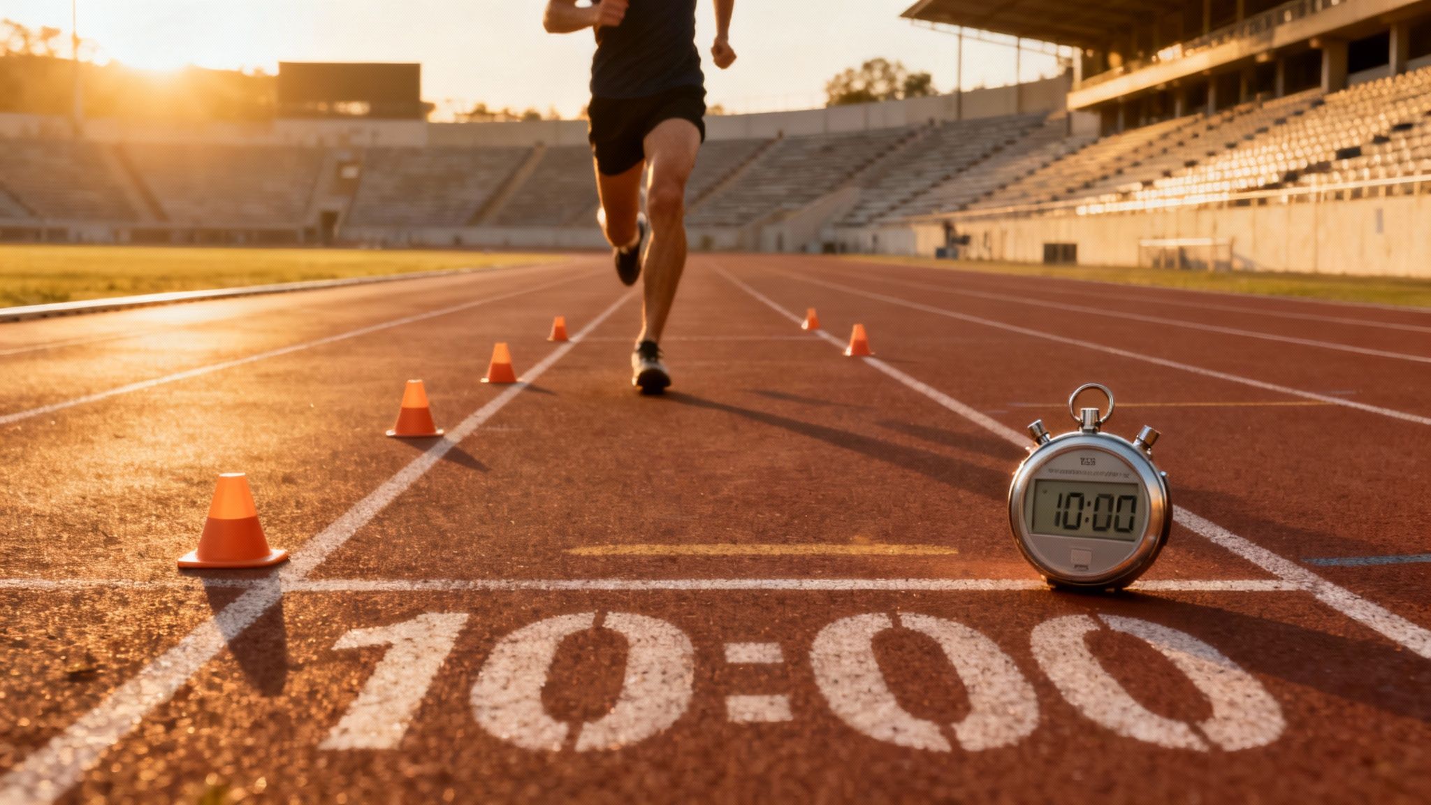 Athlete running on a stadium track with a stopwatch displaying 10:00 at golden hour.