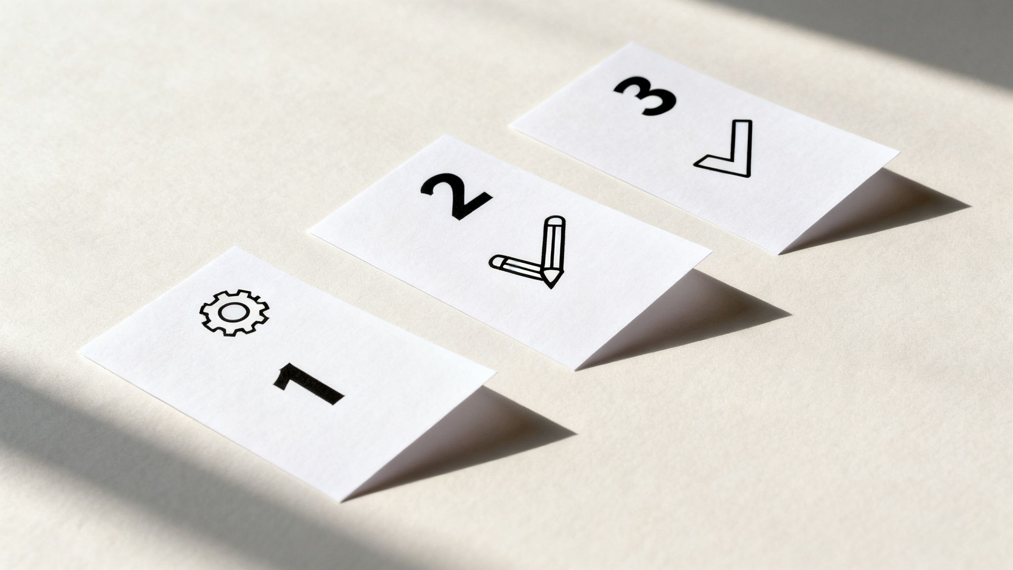 Three numbered cards with gear, pencil, and checkmark icons illustrating a step-by-step process.