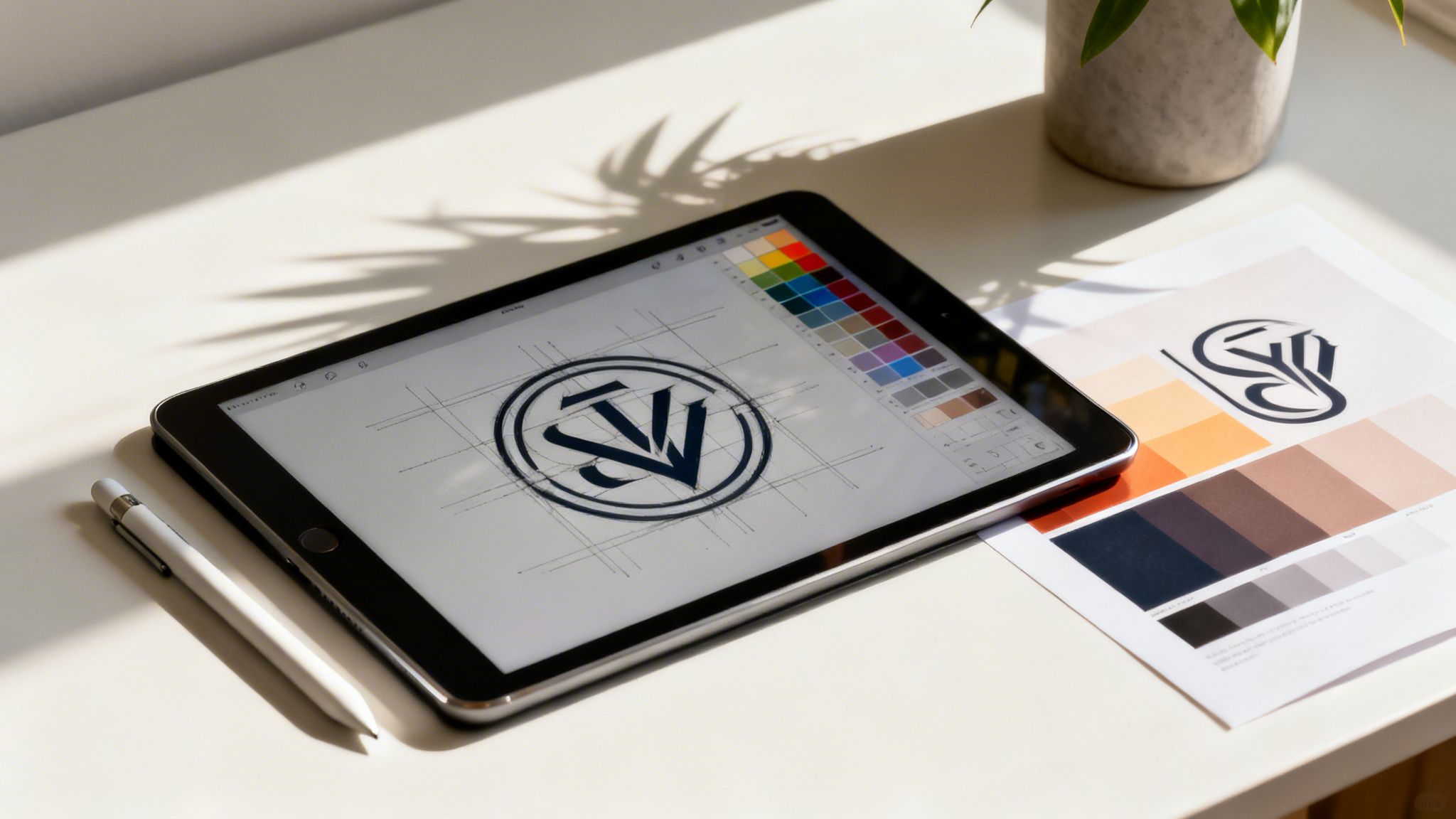 Digital design setup with a tablet, stylus, and color swatches for logo creation on a white desk.