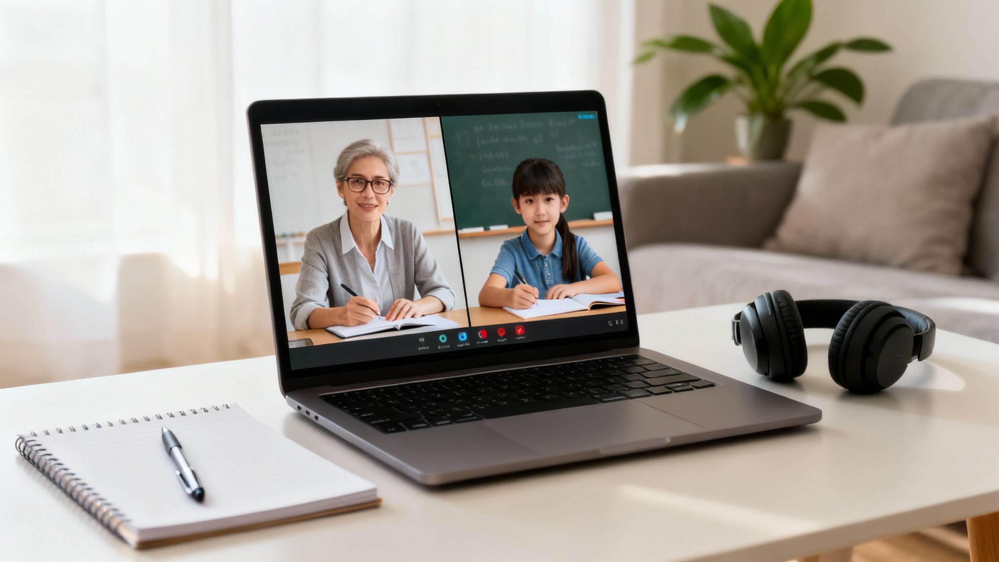Laptop displays an online class with a teacher and a student writing in notebooks.
