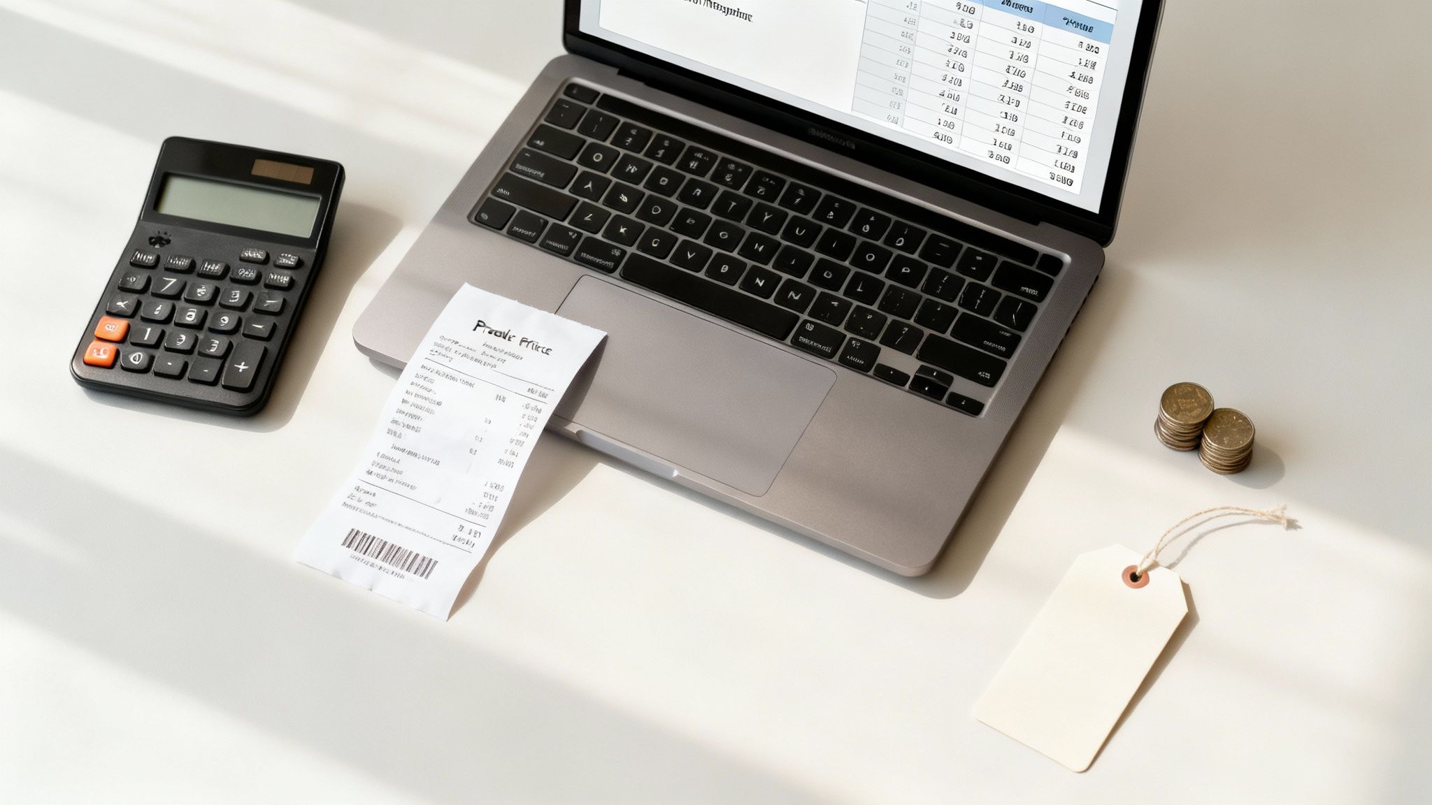 Desk setup with a laptop, calculator, receipt, coins, and price tag for financial planning.