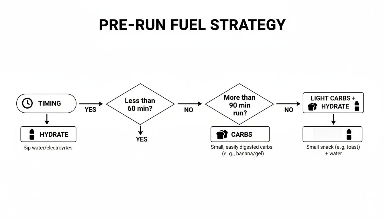 Flowchart detailing pre-run fuel strategy with hydration and carb recommendations based on run duration.