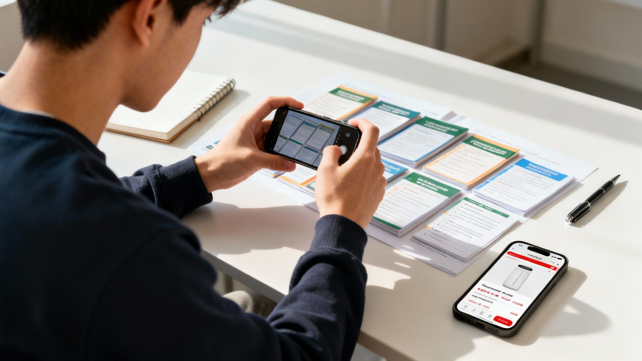 A person photographs documents with a smartphone, while another phone shows an e-commerce product on a desk.