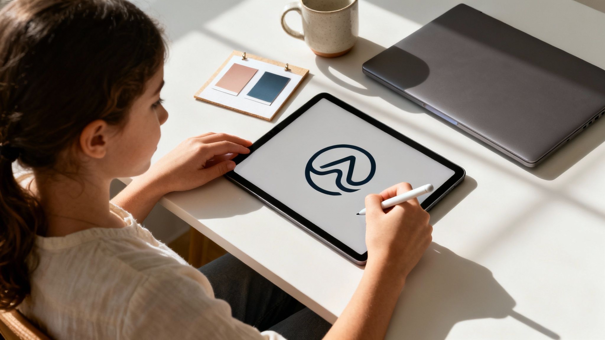 A young designer working on a tablet with a stylus, creating a logo on a white desk.