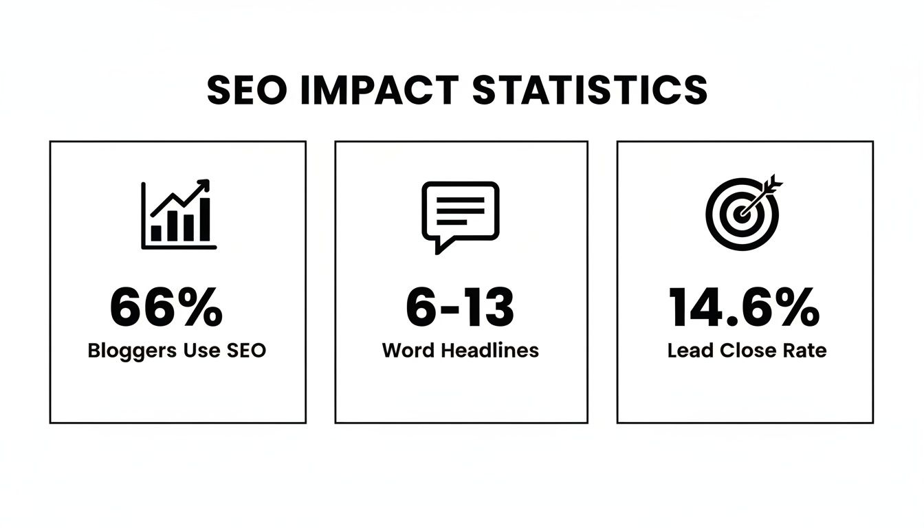 Infographic presenting SEO impact statistics for bloggers, headlines, and lead close rates.