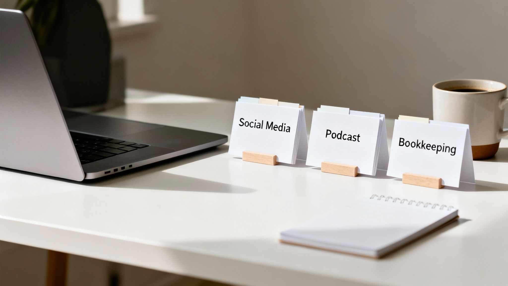 A laptop, coffee, and cards labeled 'Social Media', 'Podcast', and 'Bookkeeping' on a white desk.