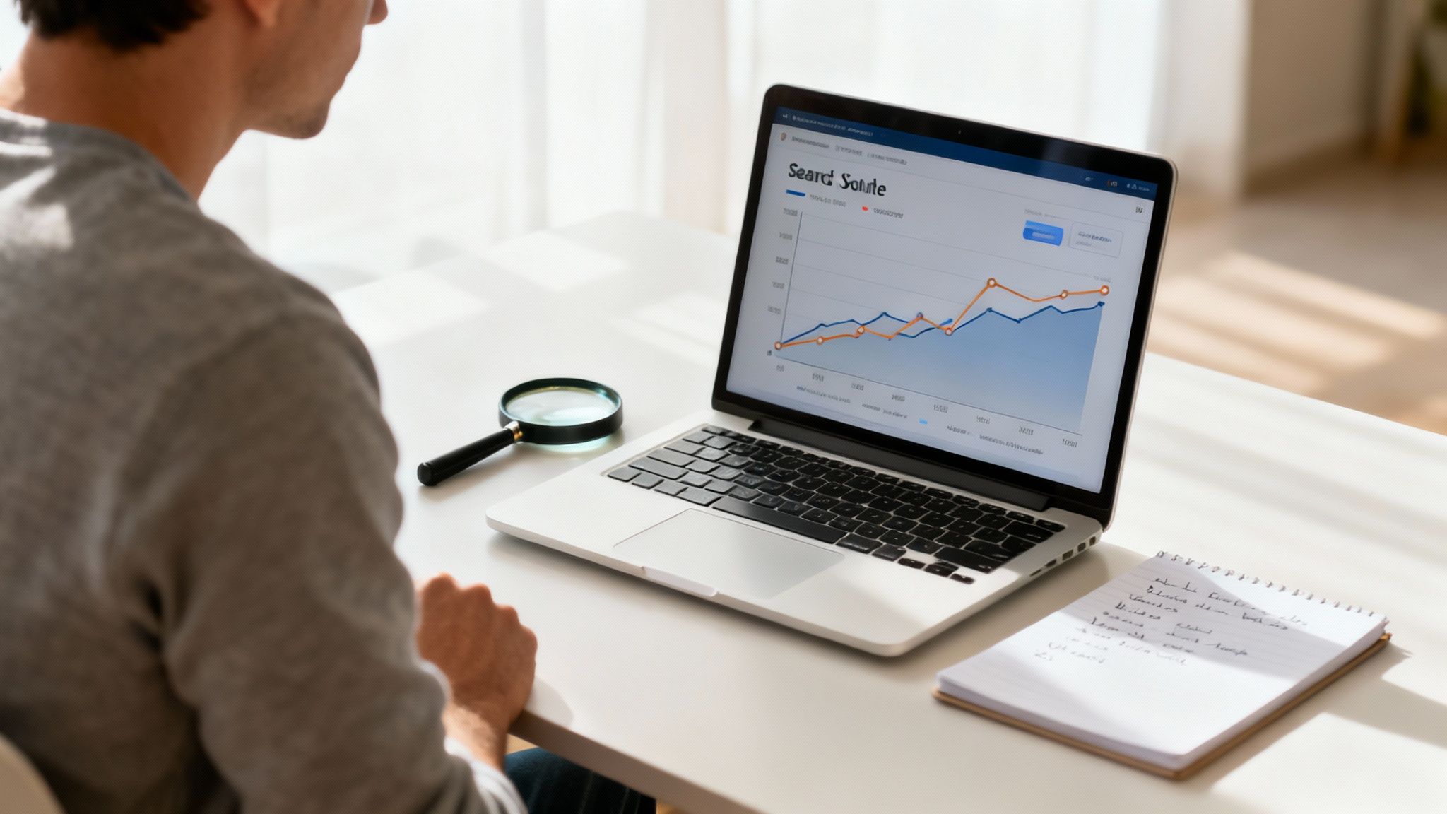 A person analyzes data on a laptop showing a business graph, with a magnifying glass and notebook.