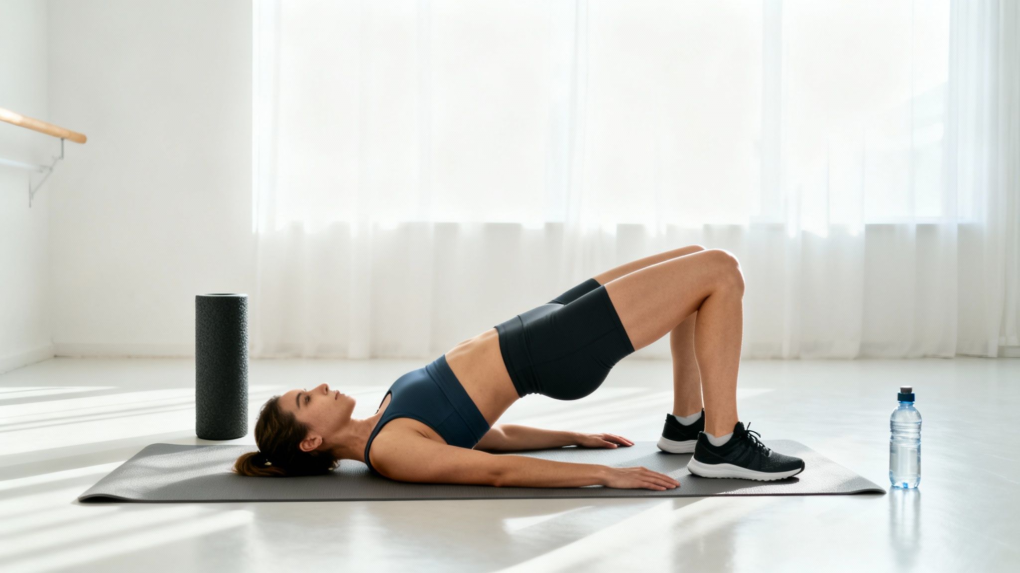 A woman on a yoga mat performs a glute bridge exercise in a bright studio.