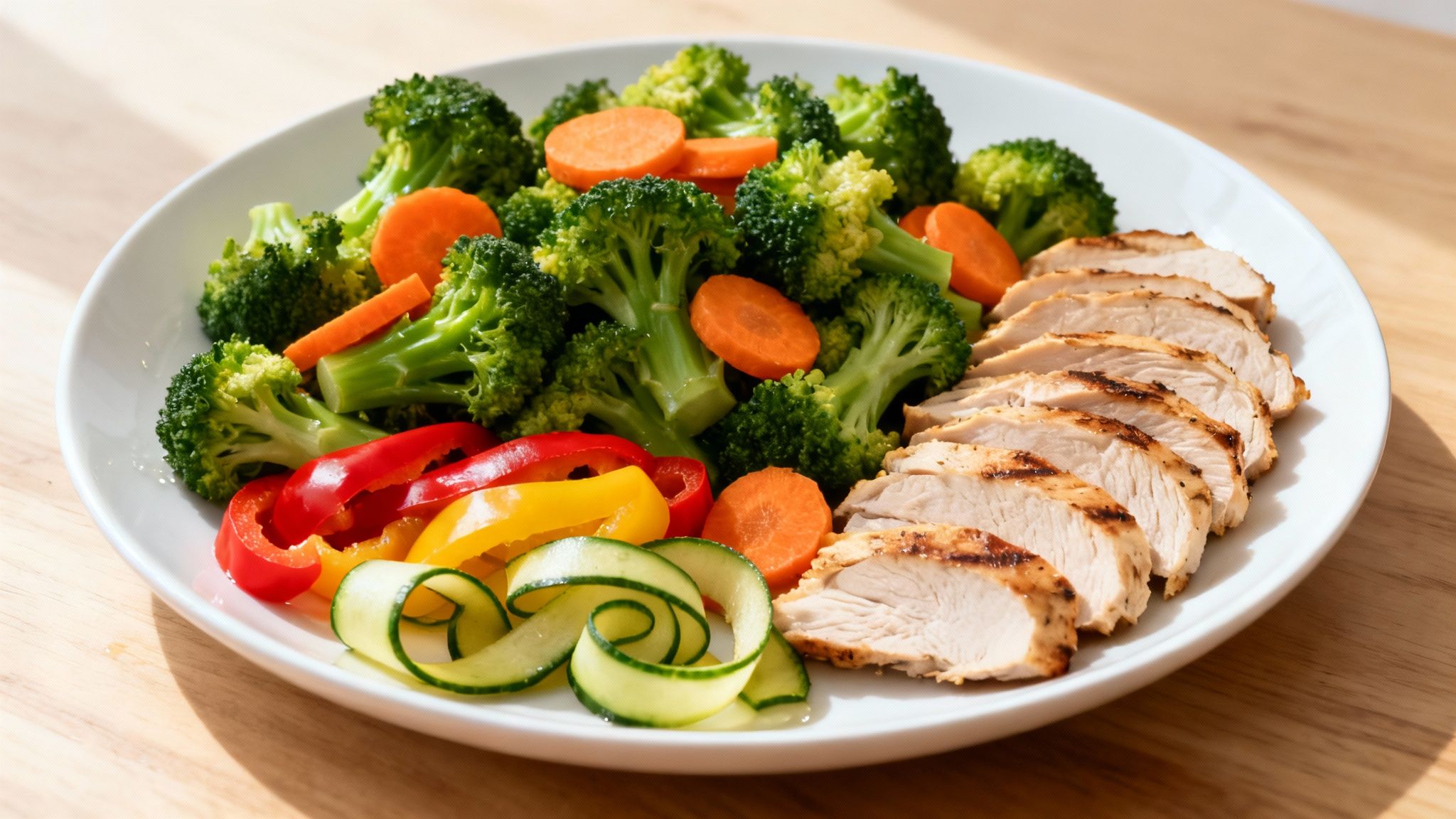 A healthy plate with sliced grilled chicken breast, steamed broccoli, carrots, bell peppers, and cucumber ribbons.