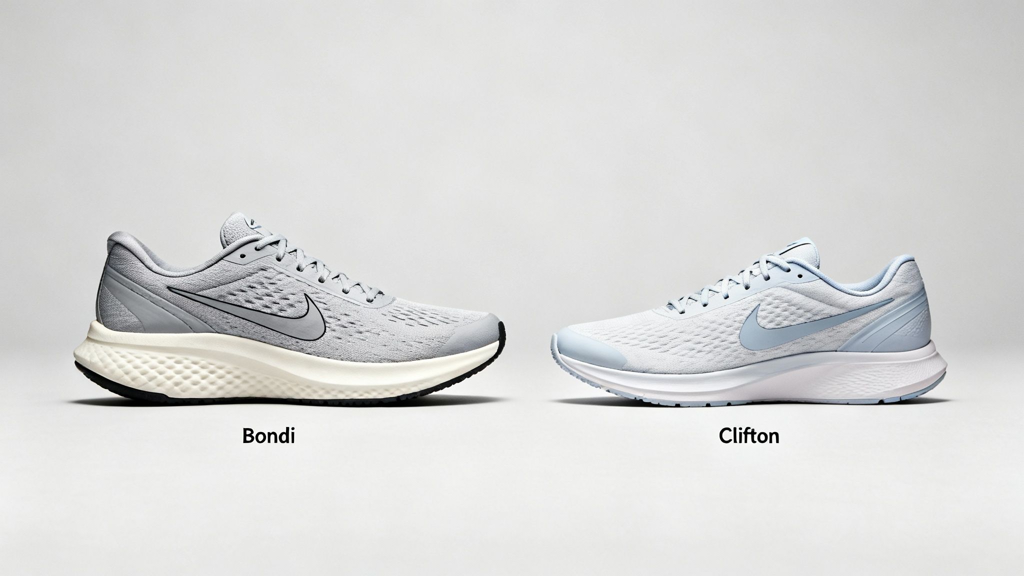 Two athletic running shoes, a grey one labeled 'Bondi' and a light blue one labeled 'Clifton', side-by-side.