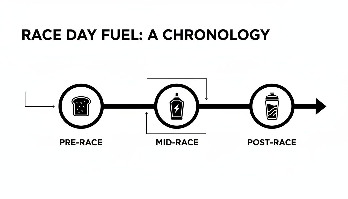 A chronological diagram illustrating pre-race, mid-race, and post-race fueling strategies with associated food and drink icons.