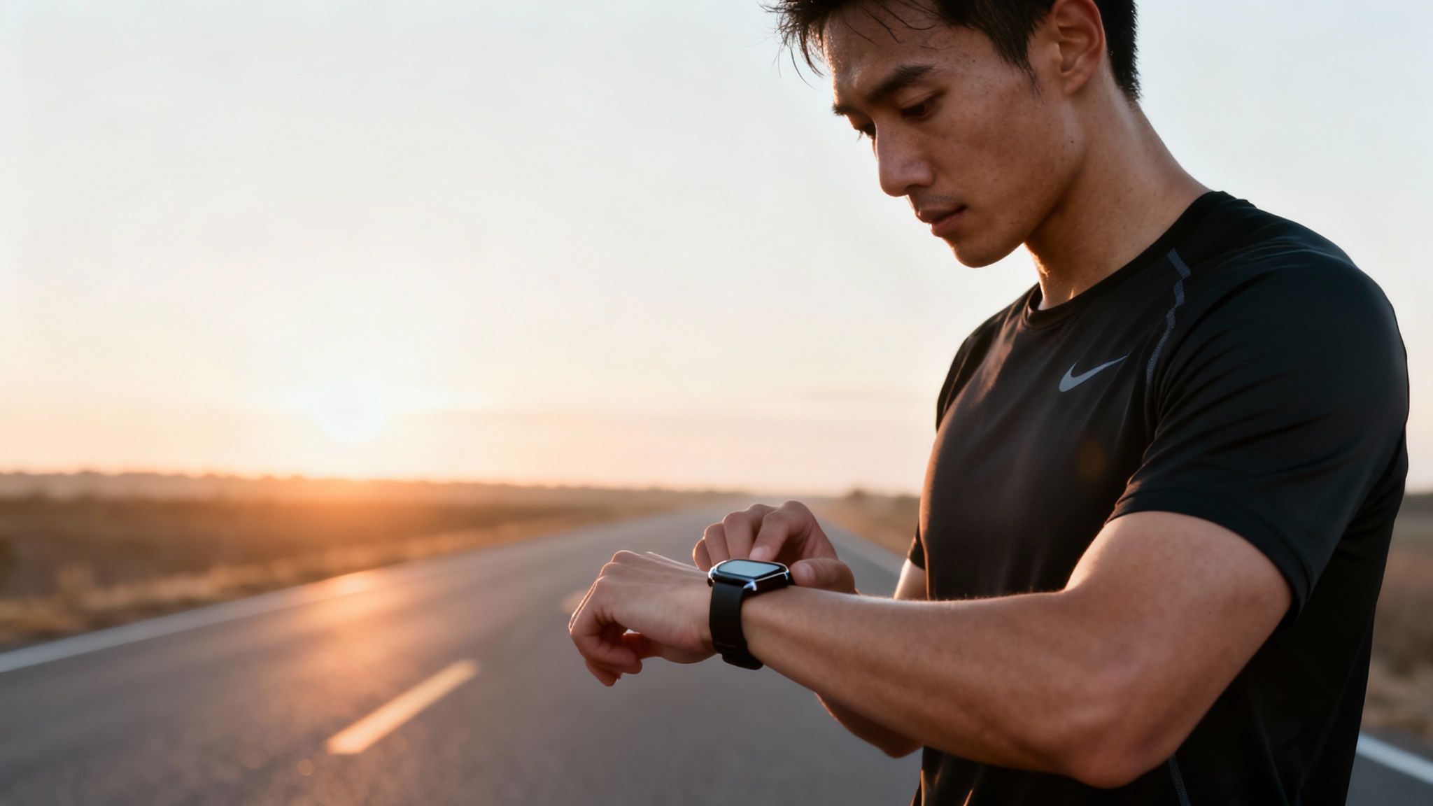 Athlete in black shirt checking his smartwatch on an open road at sunset.