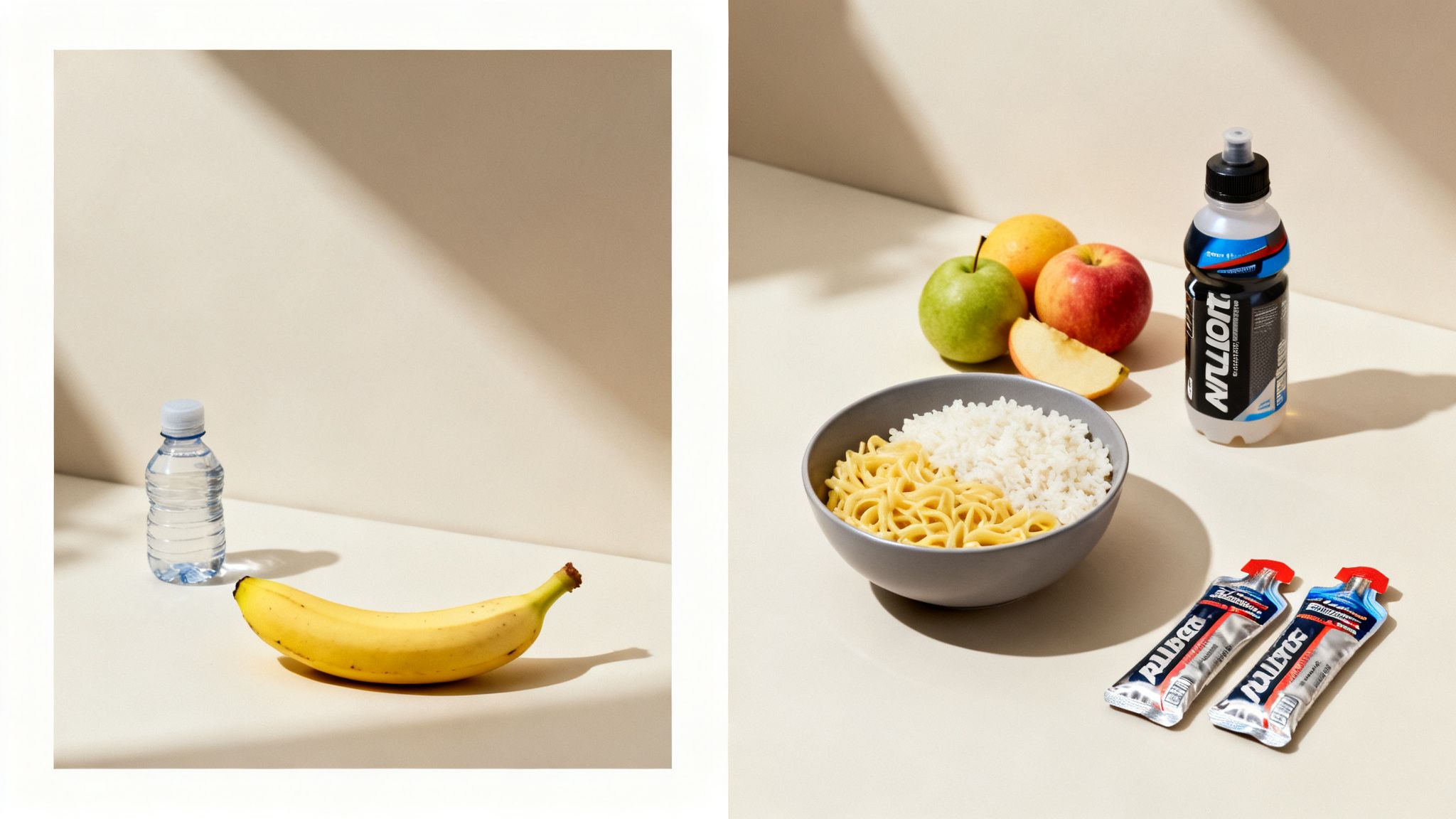 A runner's meal featuring a banana, water, rice, pasta, apples, a sports drink, and energy gels.