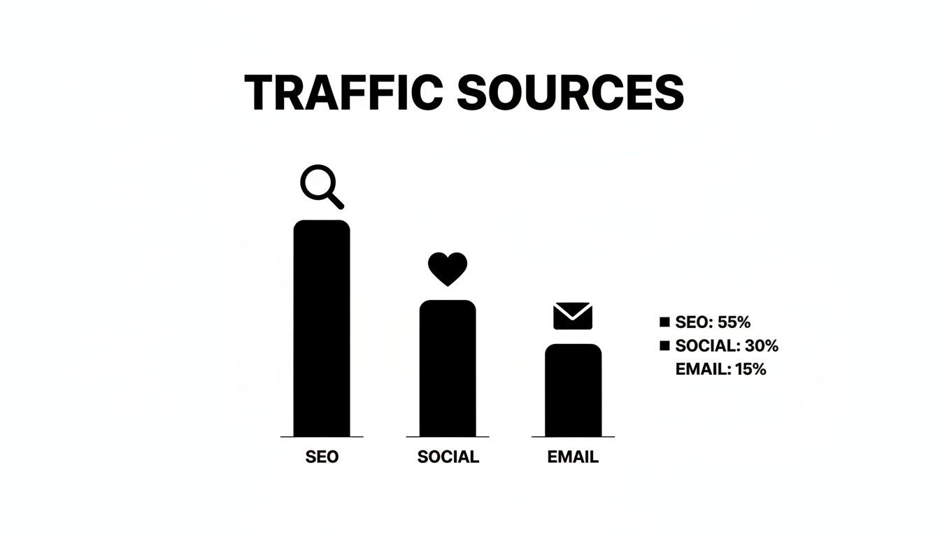 Bar chart illustrating website traffic sources: SEO 55%, Social 30%, and Email 15%.