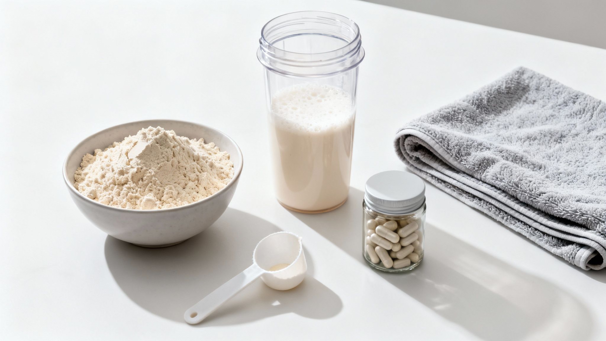 Protein powder, a protein shake, supplement pills, and a towel for a fitness routine.