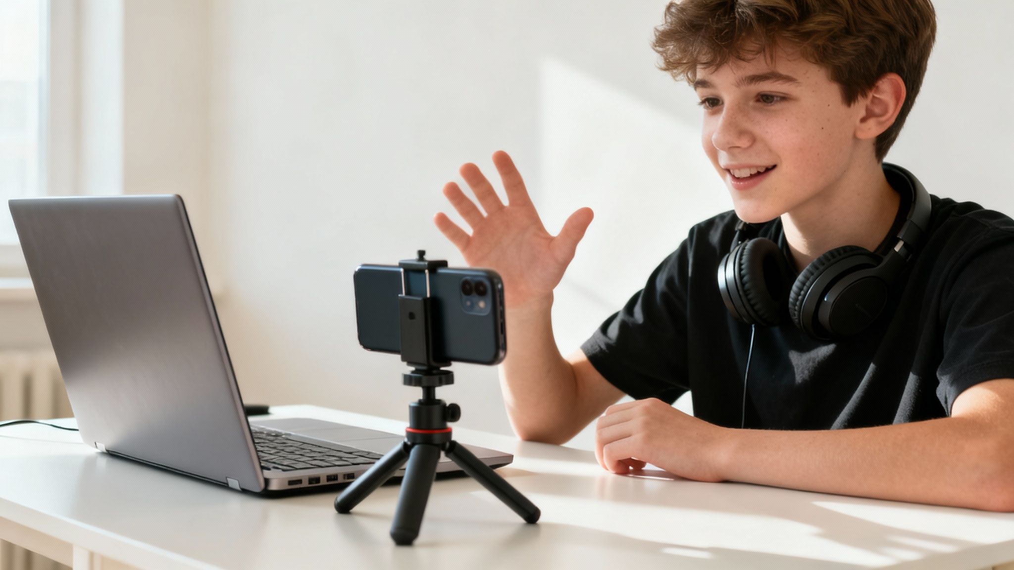 A smiling high schooler records a video with a smartphone on a tripod, with a laptop nearby.