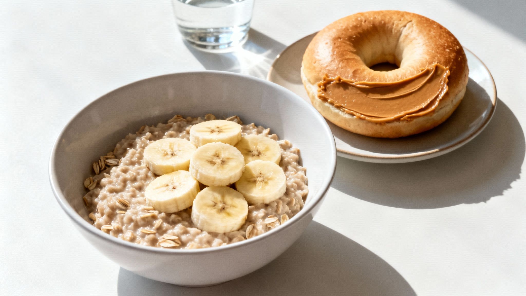 A healthy breakfast with oatmeal and bananas, a peanut butter bagel, and a glass of water.