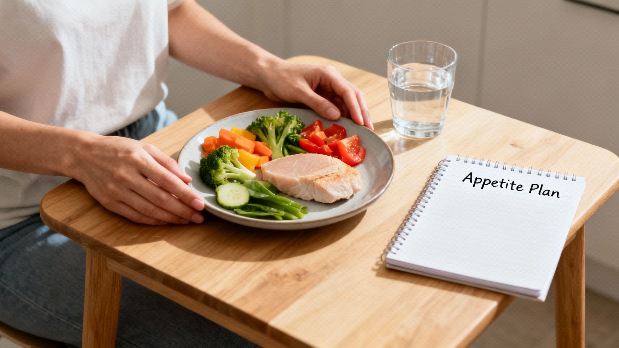 Person holding a plate of healthy food, with a glass of water and an 'Appetite Plan' notebook.