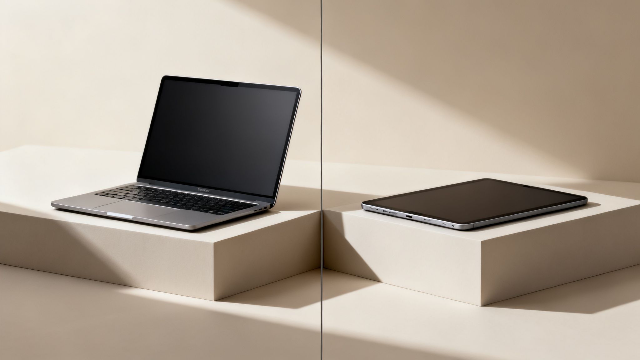 A silver laptop open on a beige pedestal, and a tablet next to it, on another pedestal.