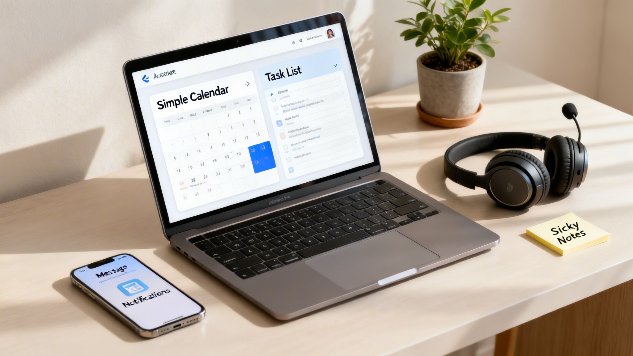 A bright, modern home office setup with a laptop showing a calendar and task list app, a smartphone, headphones, and a plant.