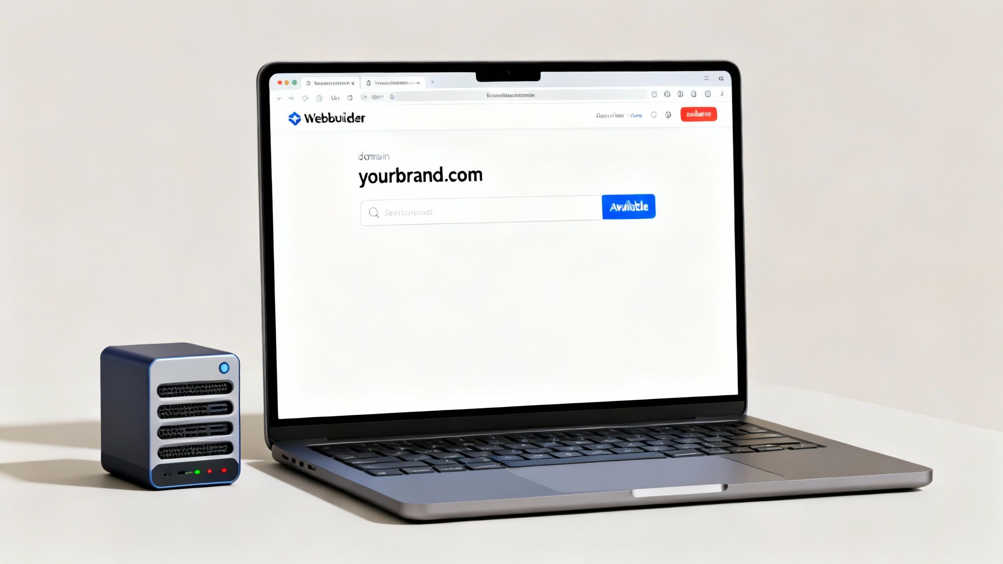 A laptop displays a Webbuilder domain search page with 'yourbrand.com' available, next to a mini server.