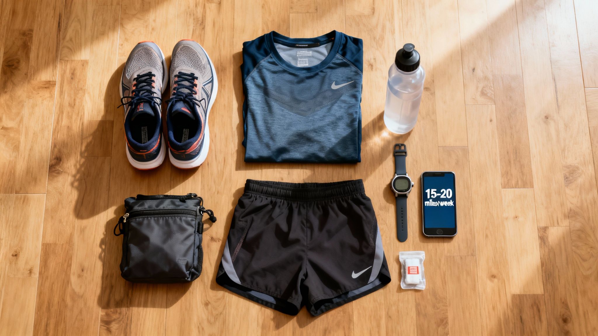 A flat lay of running essentials on a wooden floor, including shoes, apparel, a water bottle, and a watch.