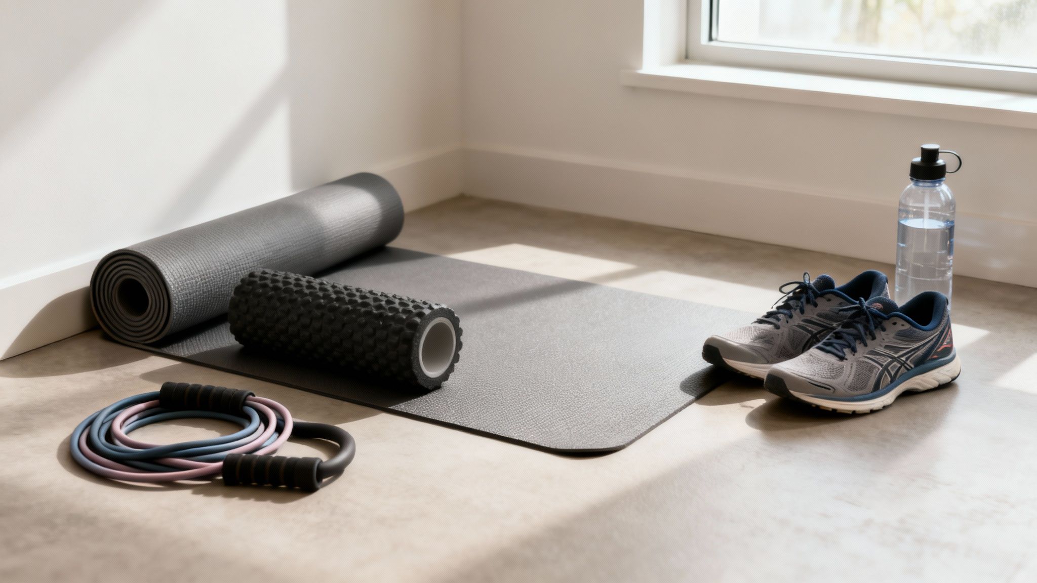 Fitness equipment setup with a yoga mat, foam roller, resistance bands, running shoes, and water bottle.