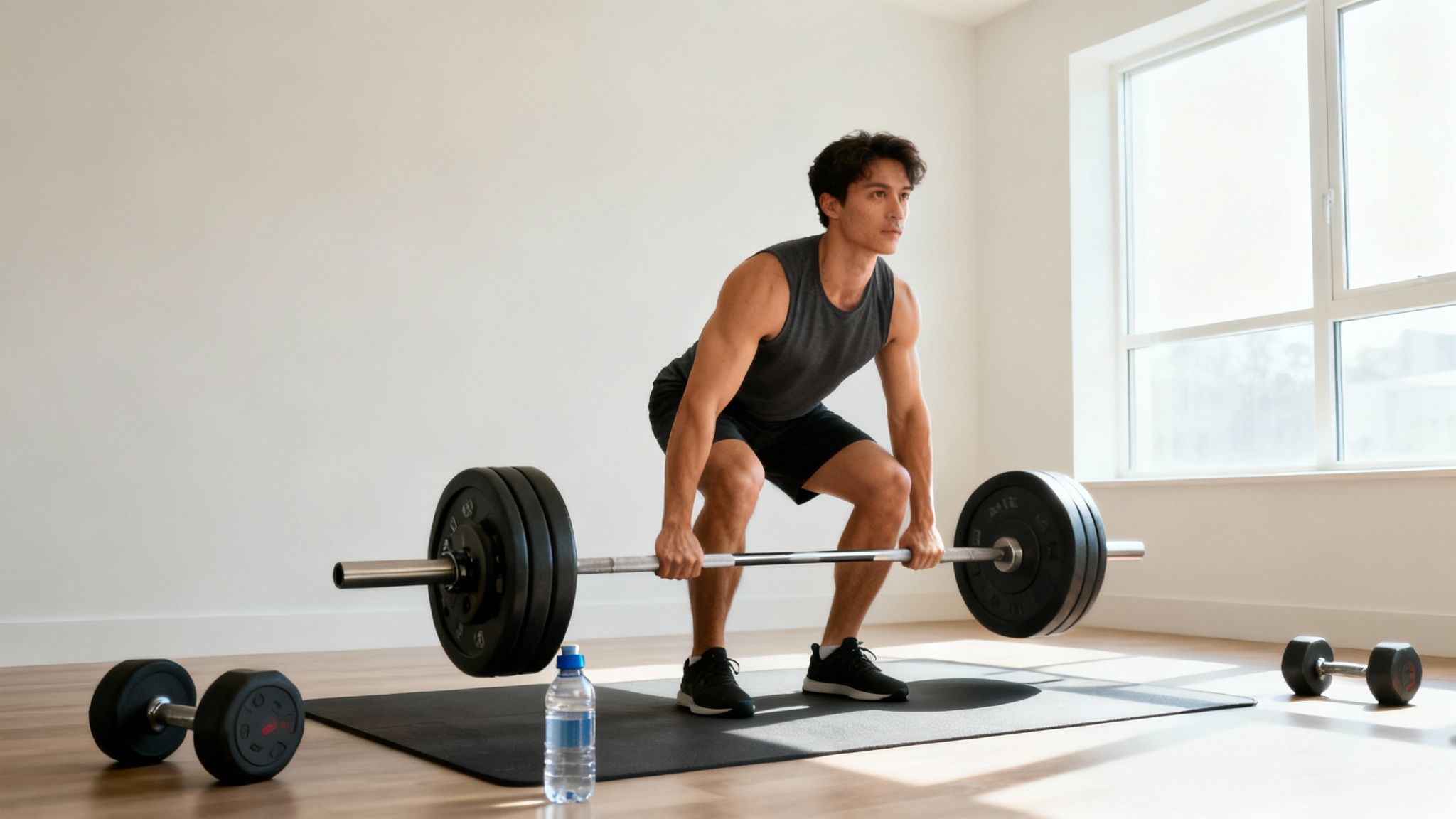A fit man performs a barbell deadlift exercise in a bright, minimalist home gym.