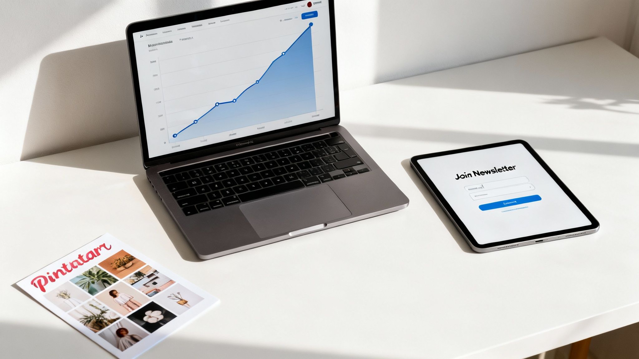 A clean white desk with a laptop showing a growth chart, a tablet, and a magazine.