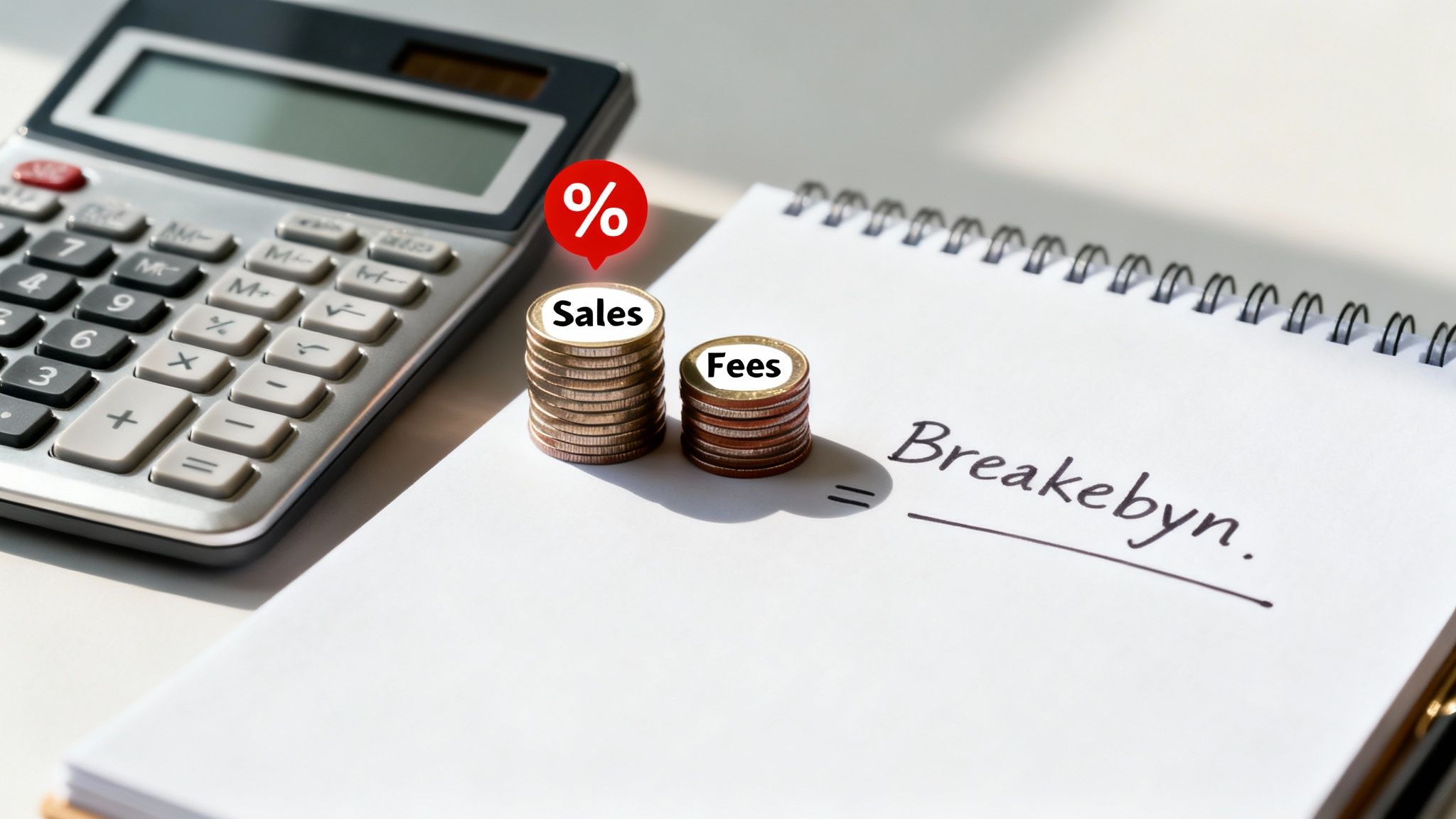 Financial calculation setup with a calculator, sales and fees coins, and a notebook.