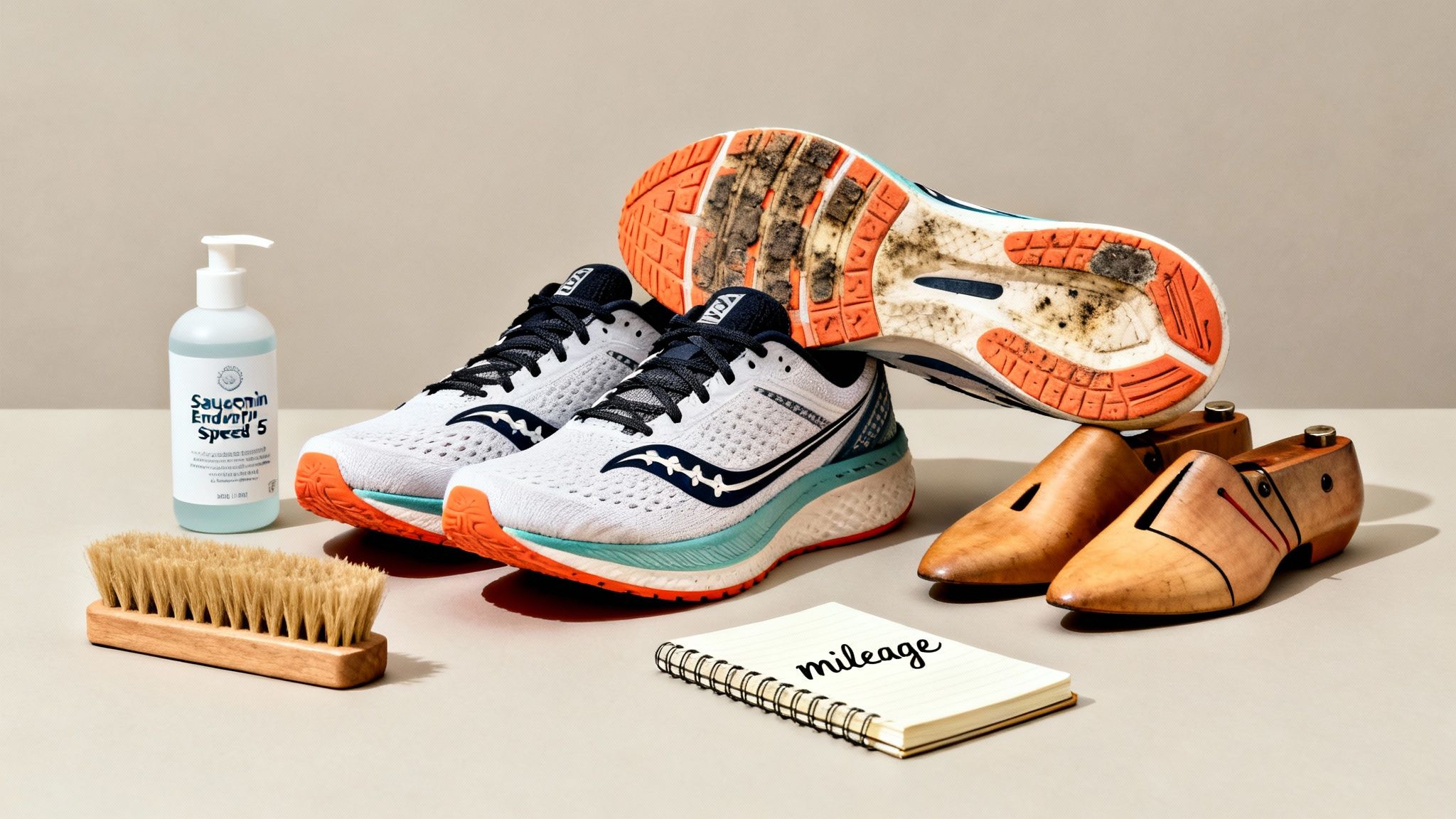 New and used Saucony Endorphin Speed 5 running shoes with cleaning supplies and shoe trees.