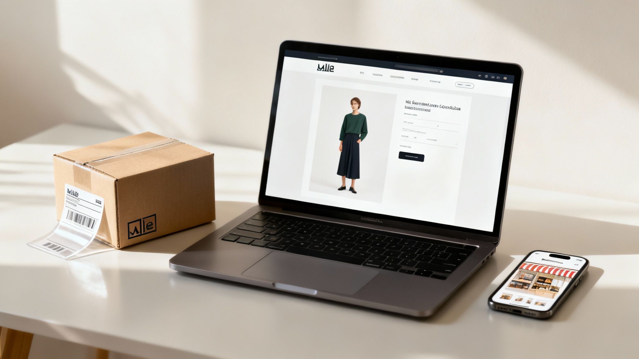 Laptop displaying online clothing store website with shipping box and smartphone showing e-commerce platform