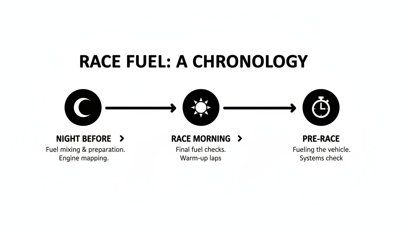 A black and white infographic illustrating the race fuel preparation timeline: night before, race morning, and pre-race.