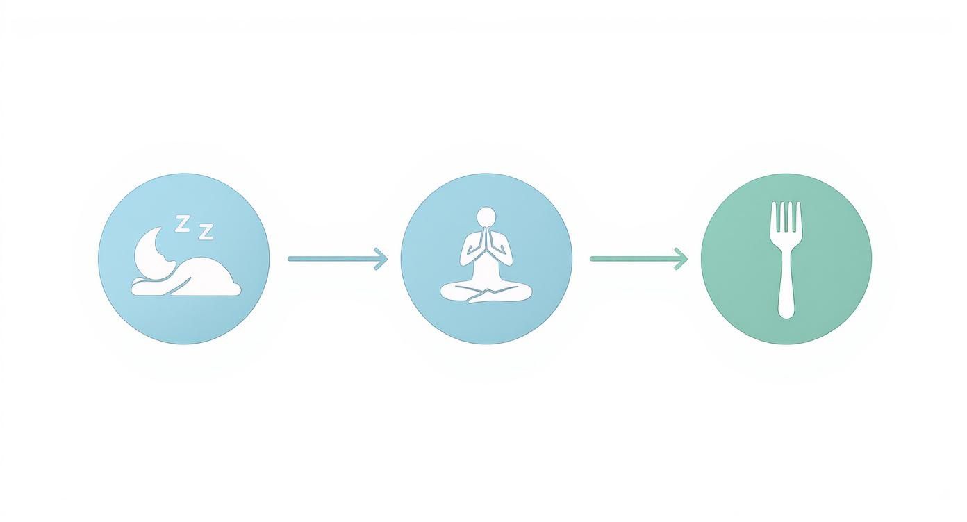 Three icons in sequence: sleeping, meditating, and a fork, illustrating a health routine.