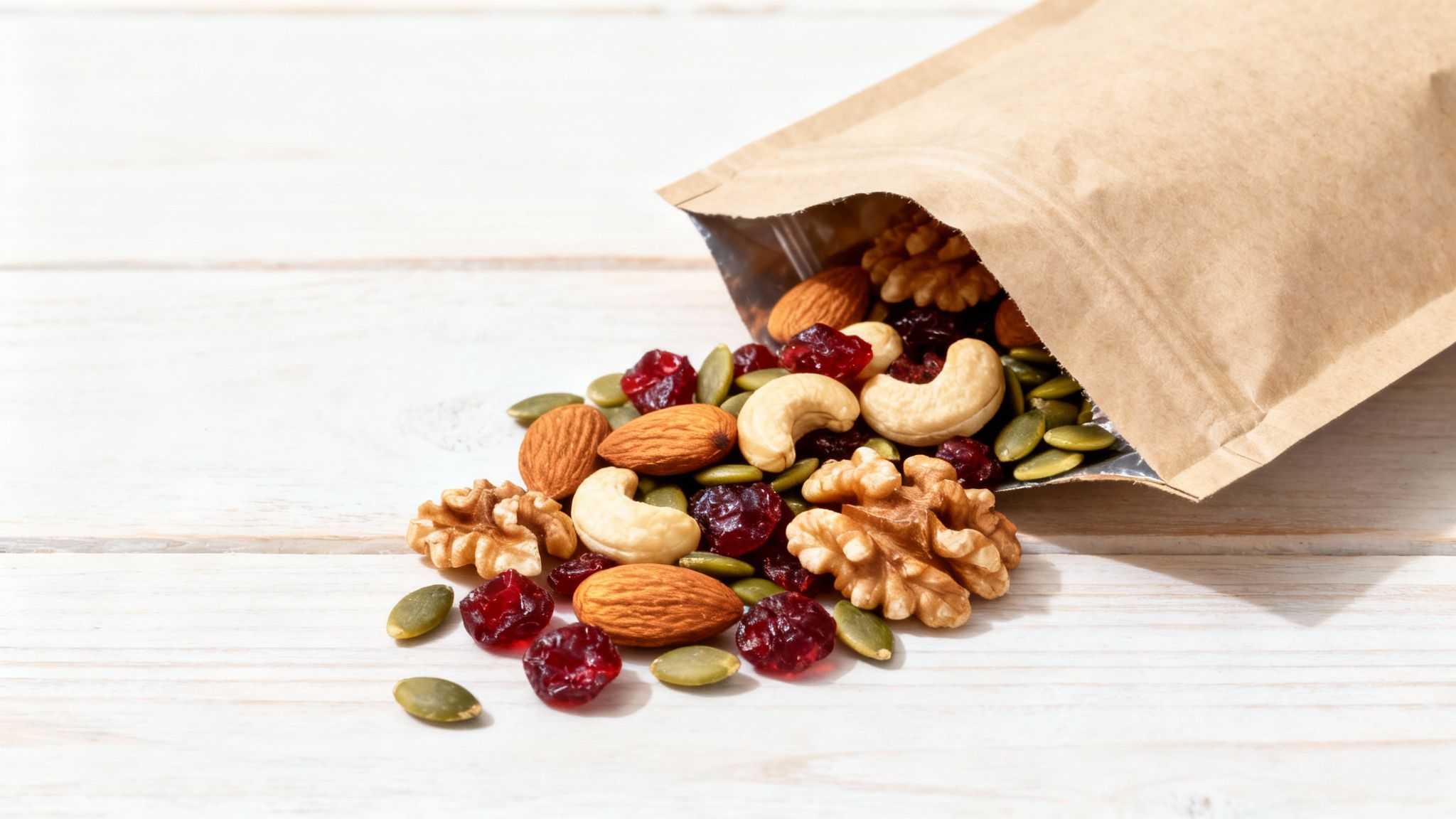 A craft paper bag spills a mix of almonds, cashews, walnuts, cranberries, and pumpkin seeds on a wooden table.