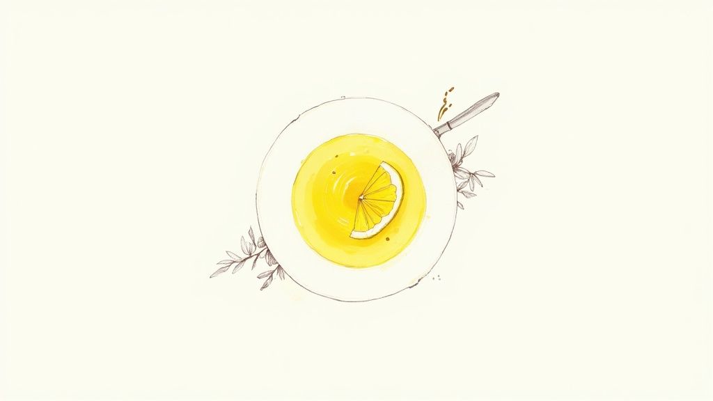 Overhead view of bright yellow avgolemono soup in white bowl with lemon slice garnish