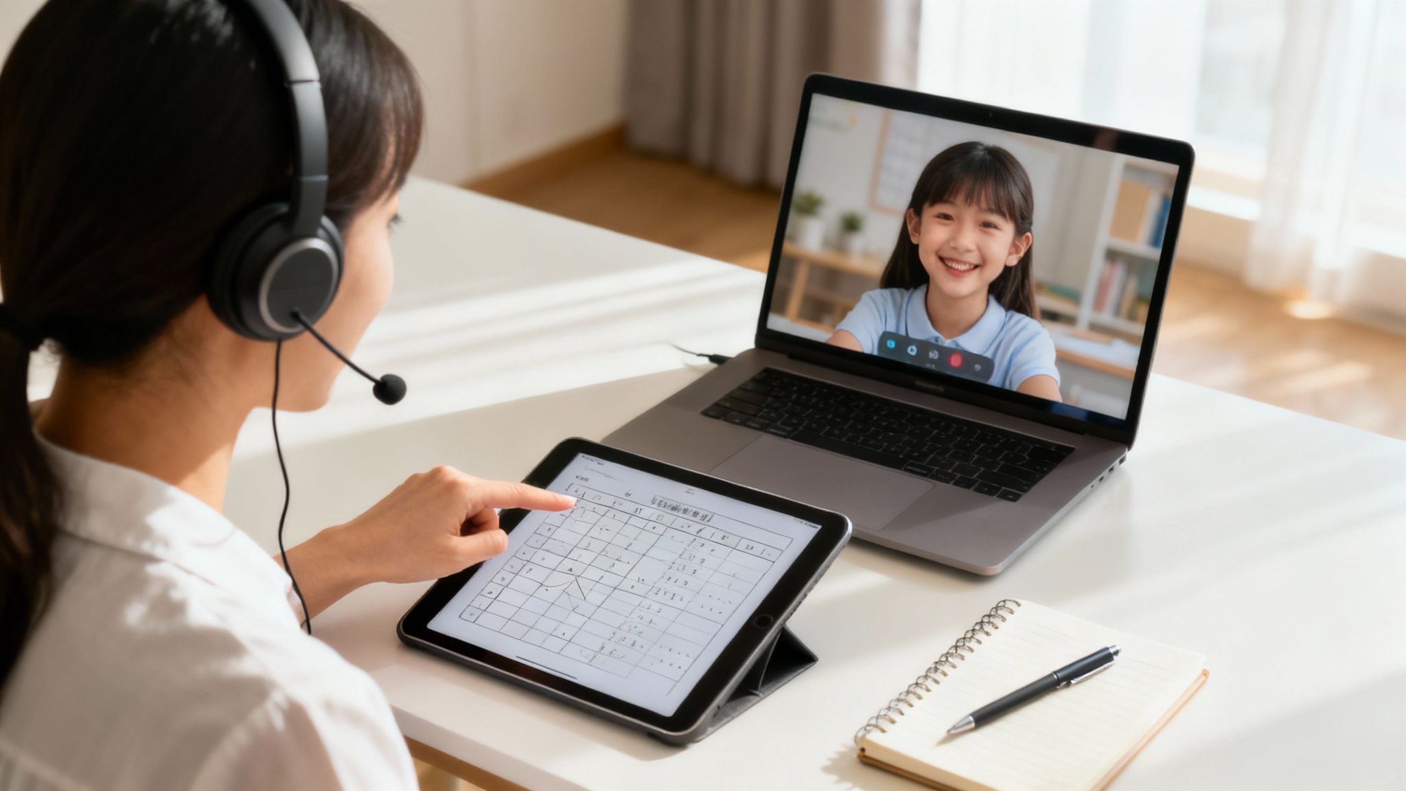 A woman with a headset teaches a child online via video call on a laptop and tablet.