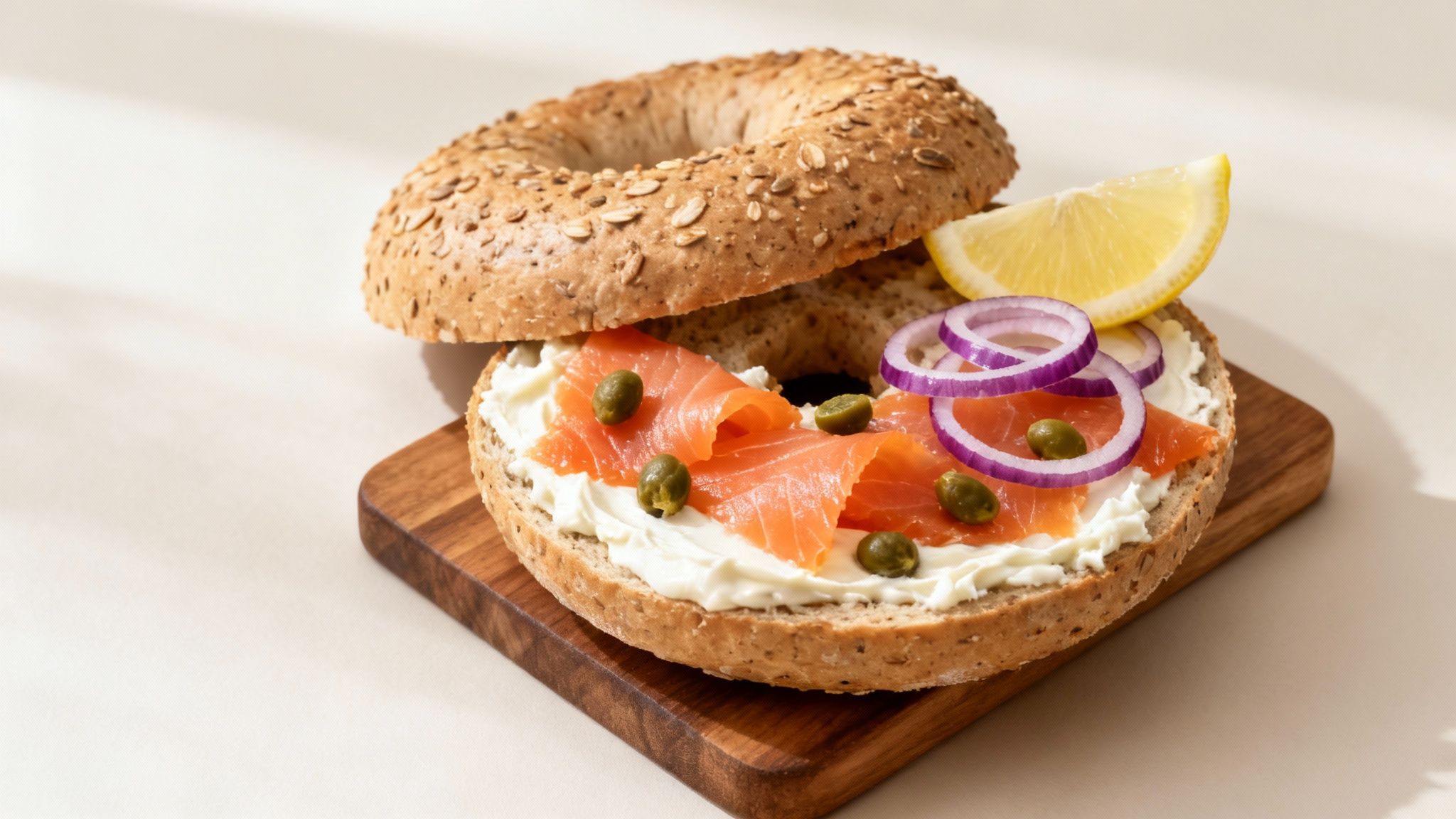 A delicious bagel with cream cheese, smoked salmon, capers, red onion, and lemon wedge on a wooden board.