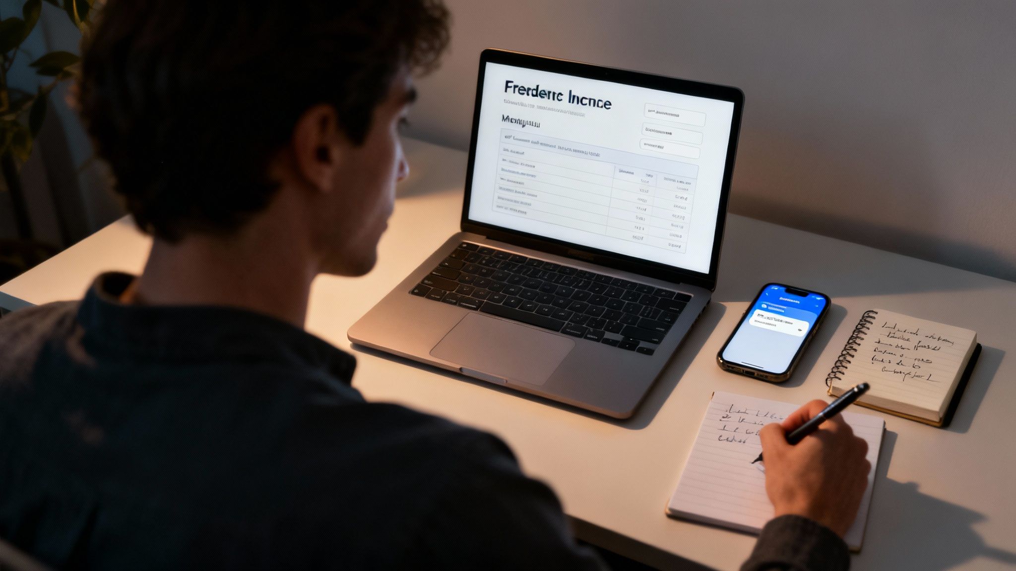 Person reviewing financial income spreadsheet on laptop while taking notes on paper