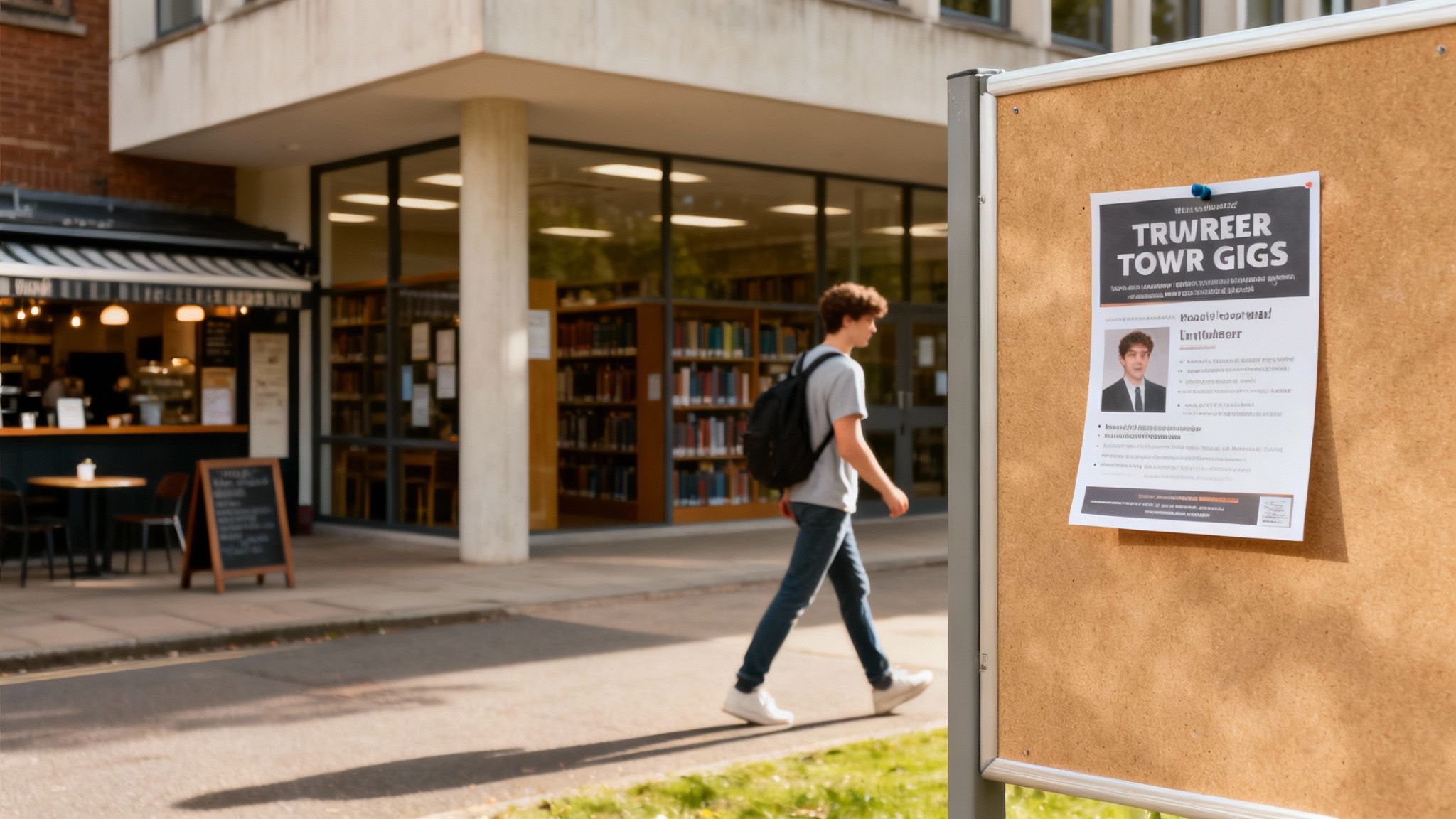 A student walks past a university library and cafe, with a job opportunities flyer on a cork board.