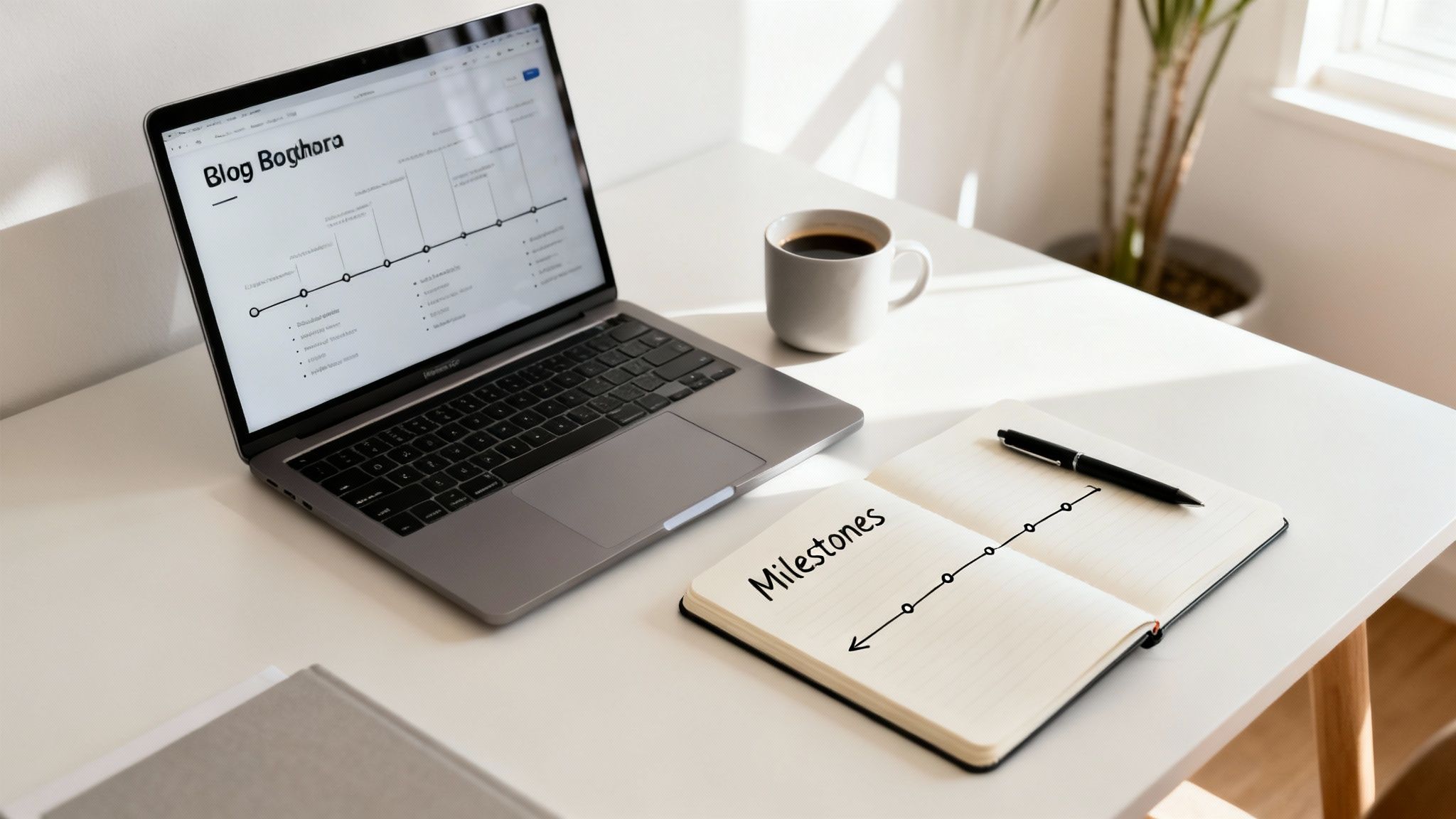 A clean workspace featuring a laptop displaying a blog timeline, an open notebook with 'Milestones', and a coffee mug.
