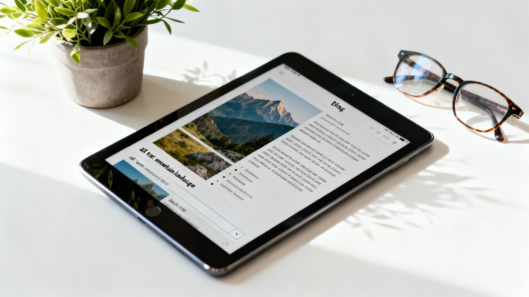 A tablet on a white desk showing a blog about mountain landscapes, next to a plant and glasses.