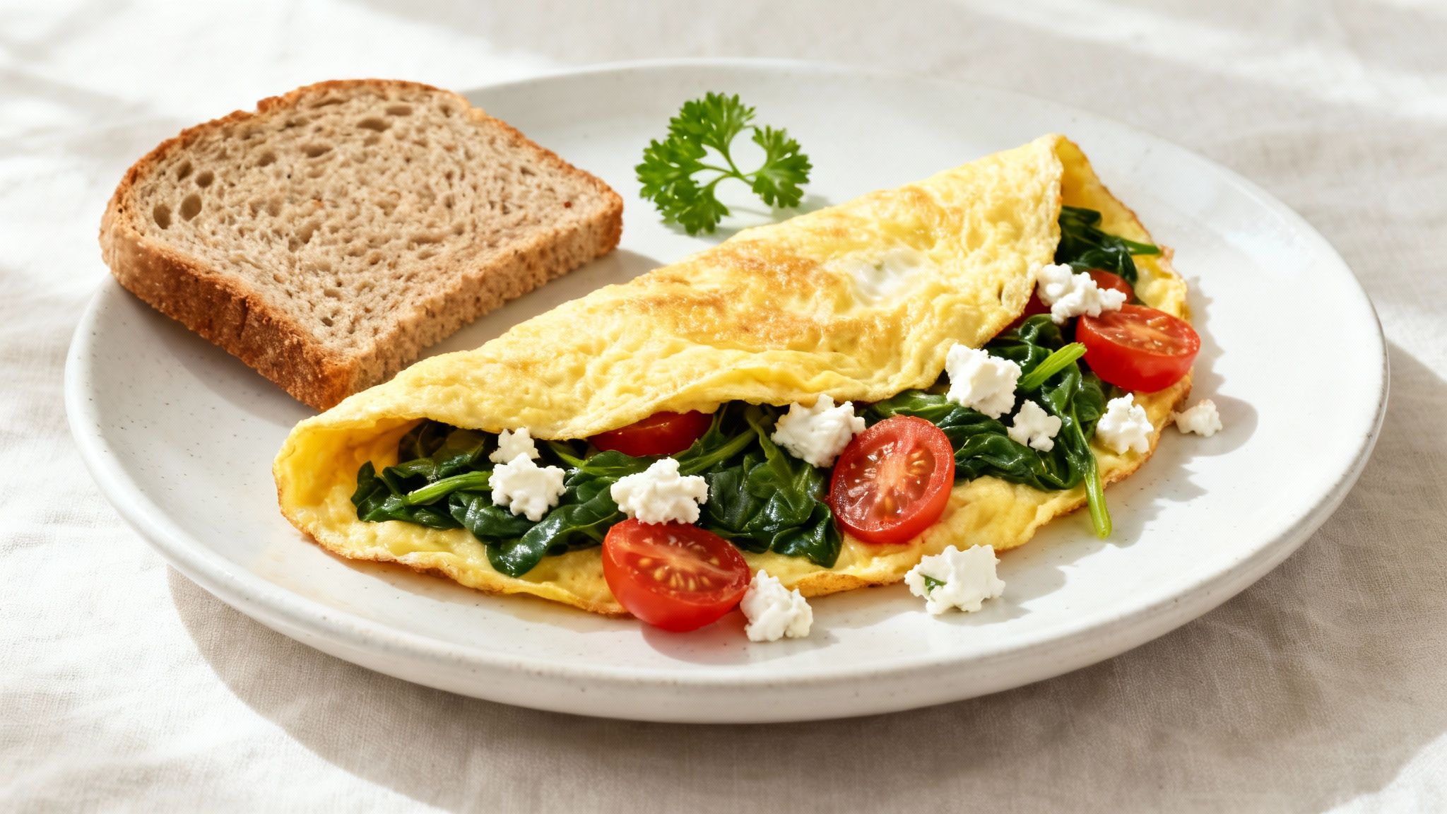 Fluffy omelette stuffed with spinach, cherry tomatoes, and crumbled feta, served alongside whole-grain toast.
