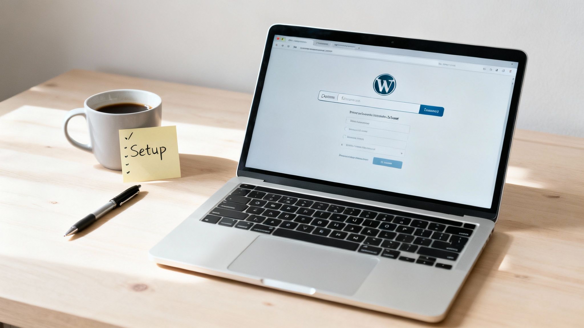 A laptop on a wooden desk displays the WordPress login page, with a coffee mug and a 'Setup' sticky note.