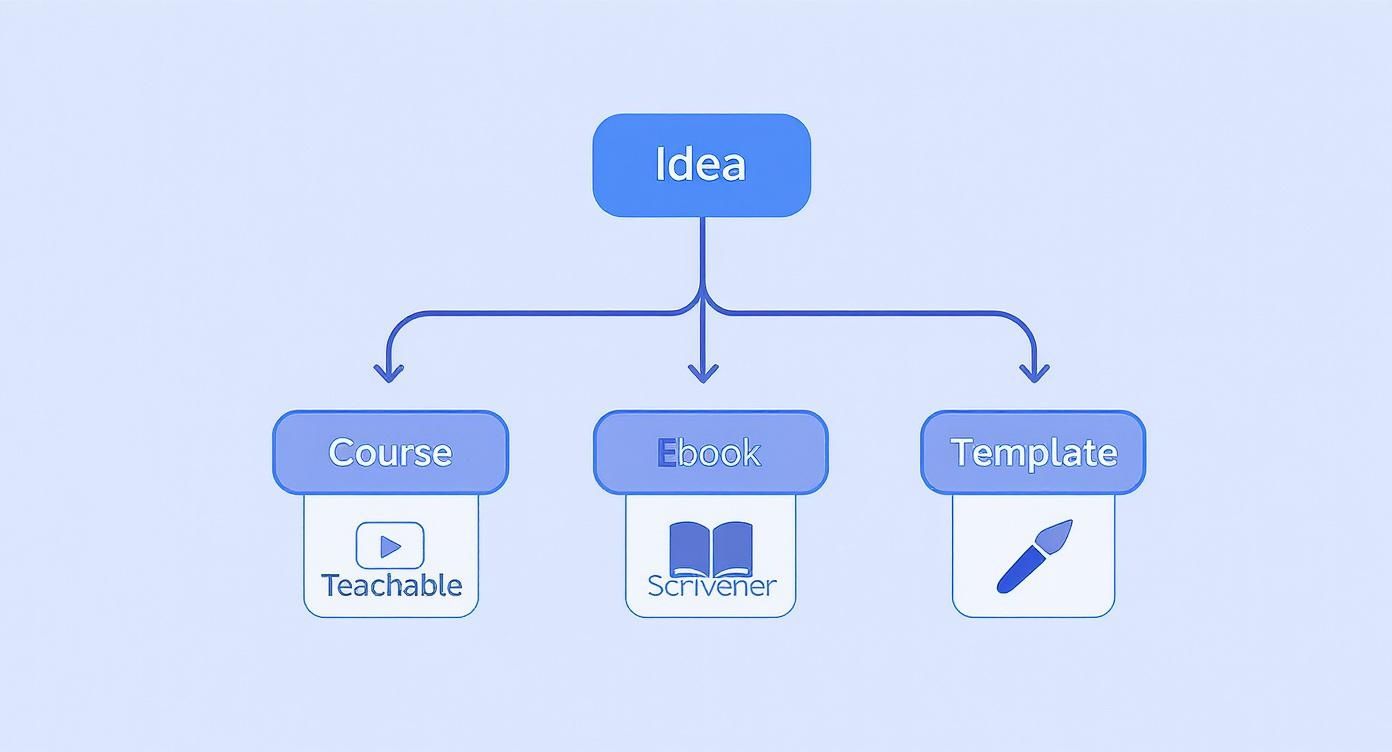 A flowchart showing an idea branching into <a href=