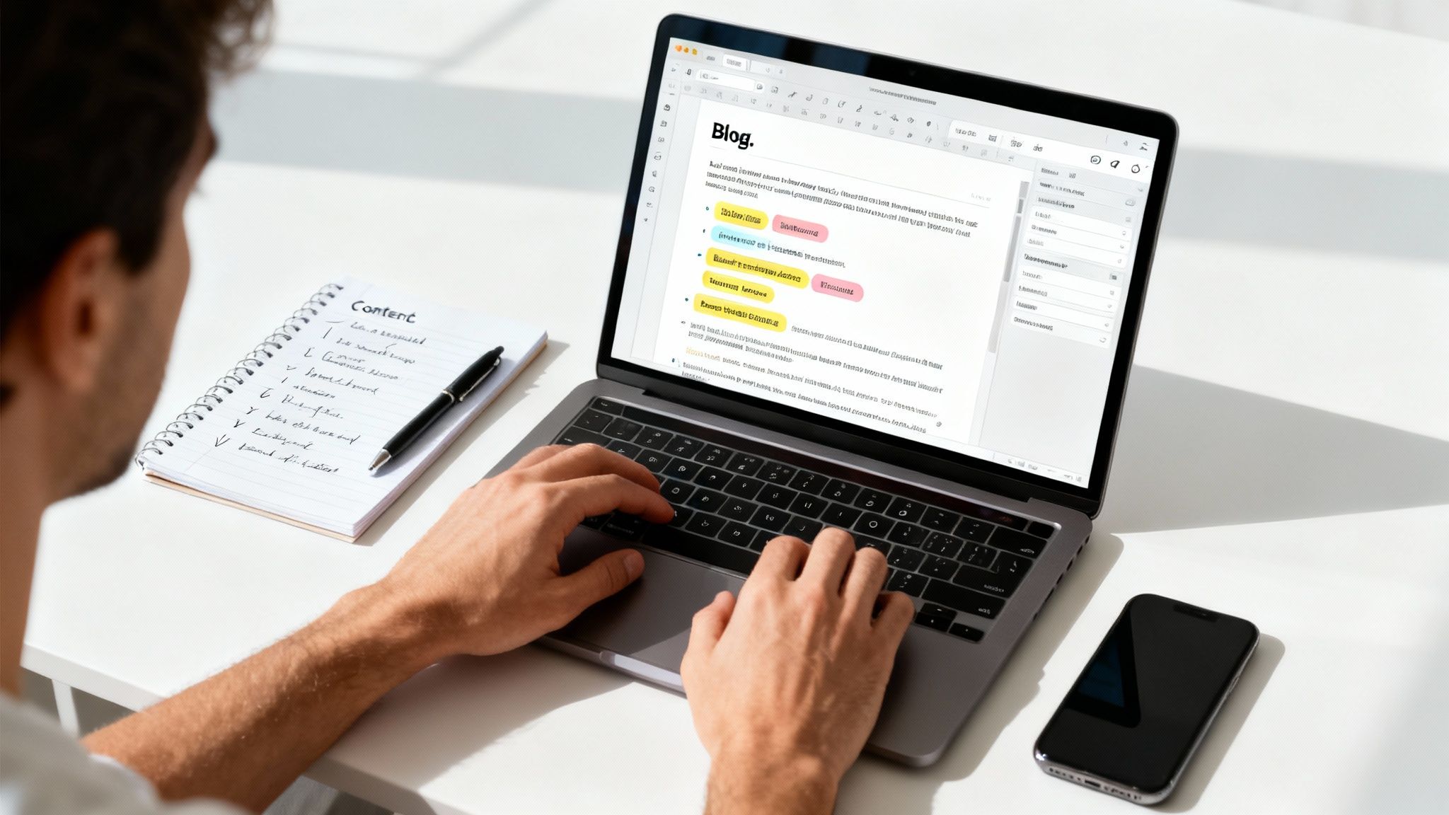 Person typing on a laptop with a blog draft, notebook, and smartphone on a white desk.