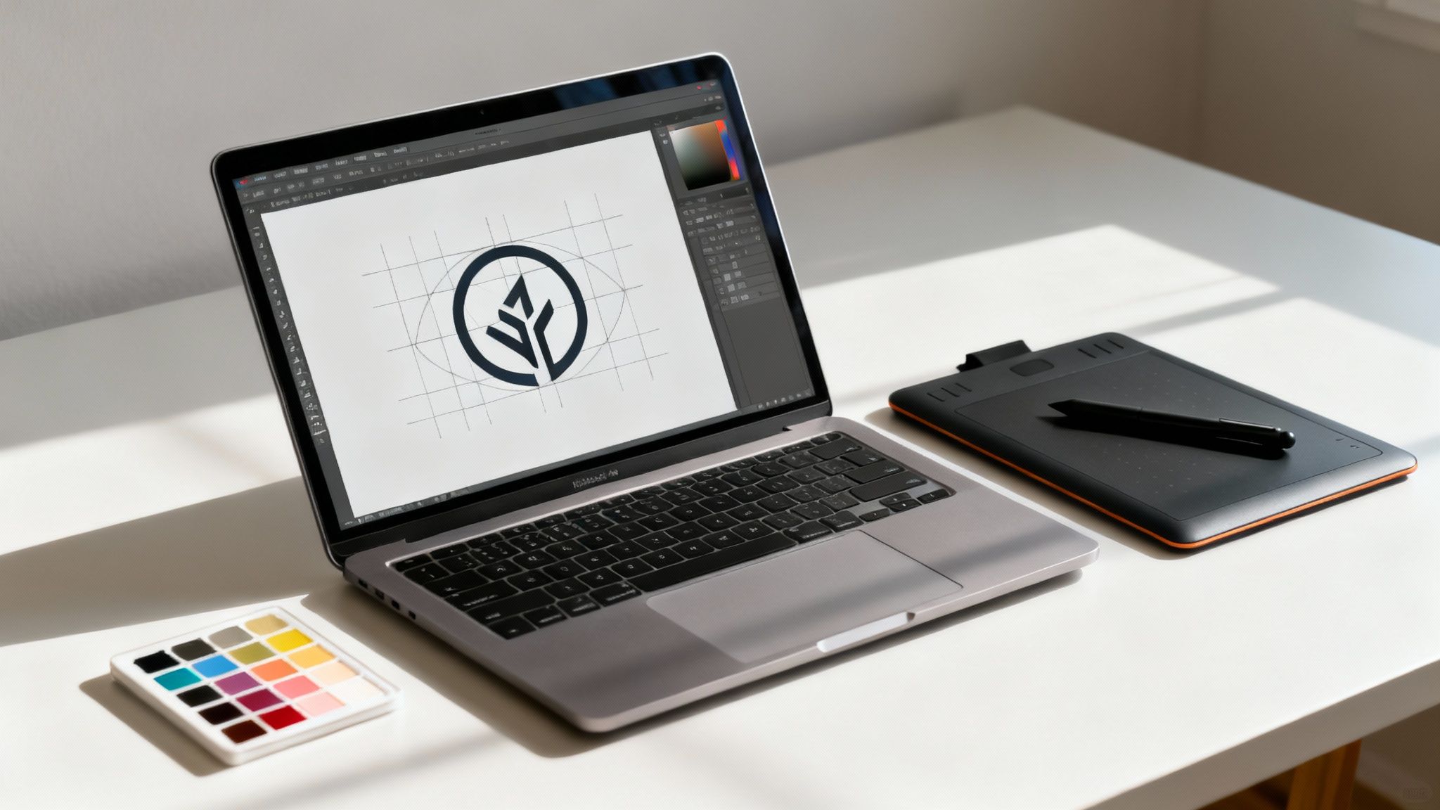 A laptop displaying a logo design on a grid with design software, a graphic tablet, and a color palette.